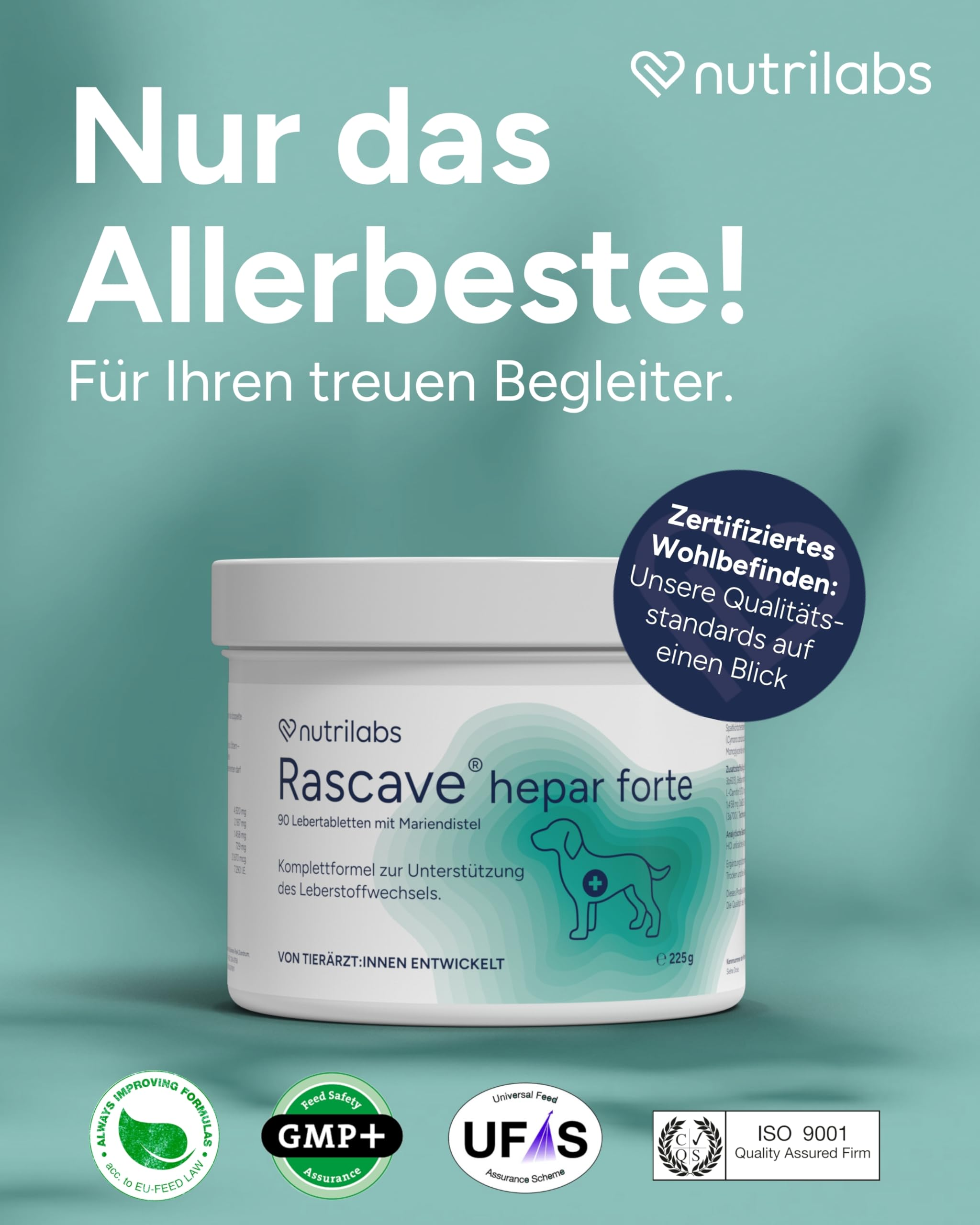 Produktwerbung für Nutrilabs Rascave hepar forte Lebertabletten für Hunde auf grünem Hintergrund.