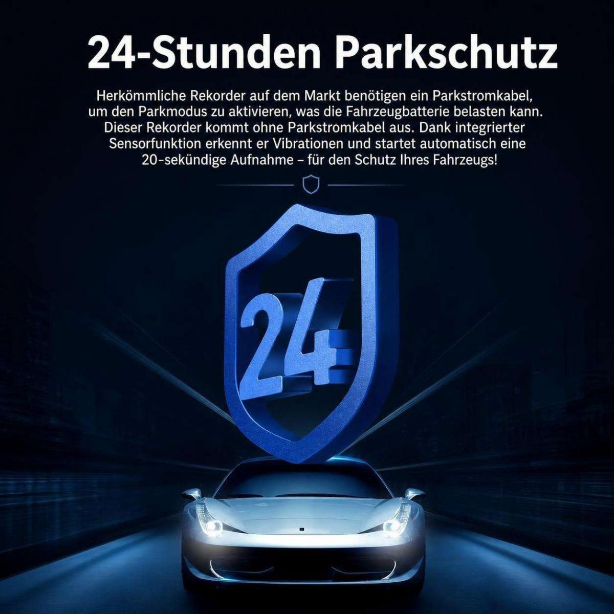 Ein blau leuchtendes Schild mit der Zahl 24 steht über einem Auto auf dunkler Straße für 24-Stunden-Parkschutz.