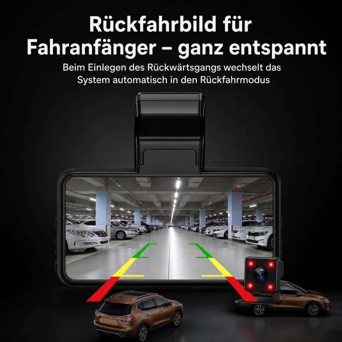 Rückspiegel mit Display zeigt Parkhausansicht mit Rückfahrkamera und roten Linien.