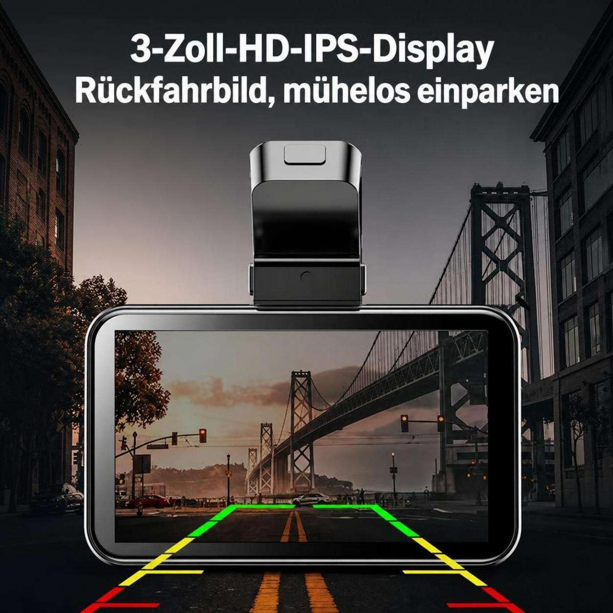 Ein Autokamera-Display mit 3-Zoll-Bildschirm zeigt eine Rückansicht mit Einparkhilfen vor einer Brücke.