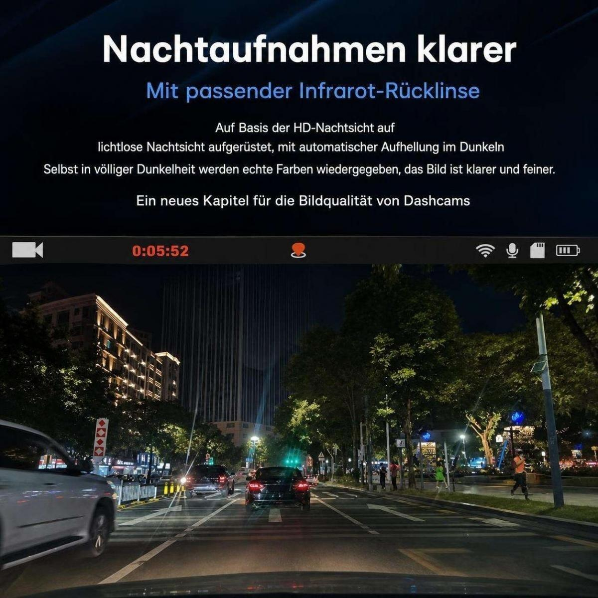 Dashcam-Ansicht einer Stadtstraße bei Nacht mit Autos, Gebäuden und deutschem Werbetext oben.