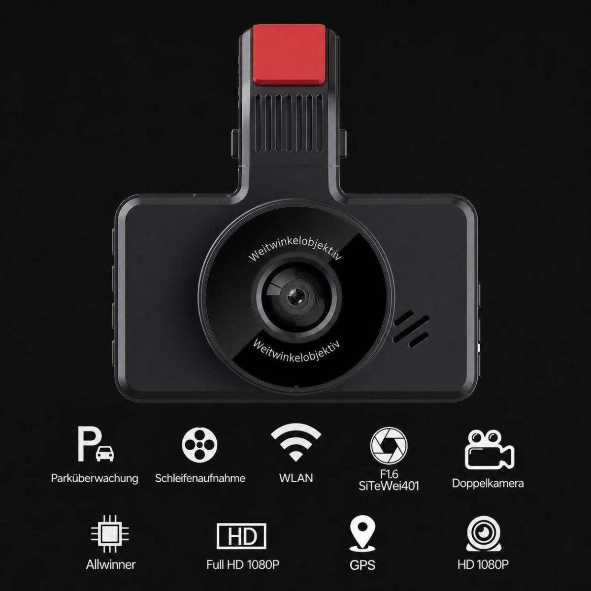 Eine schwarze Dashcam mit roter Halterung und Icons darunter, die WLAN, GPS und HD 1080P zeigen.