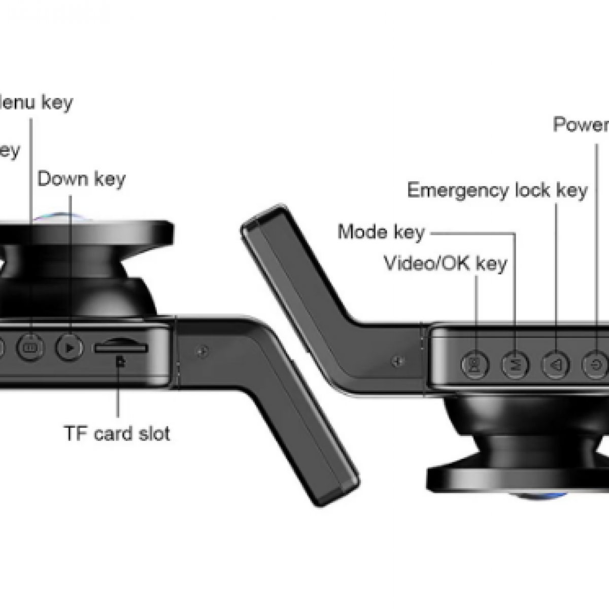 Diagramm zeigt Tasten, TF-Kartensteckplatz und Beschriftungen einer Dual-Objektiv-Dashcam.