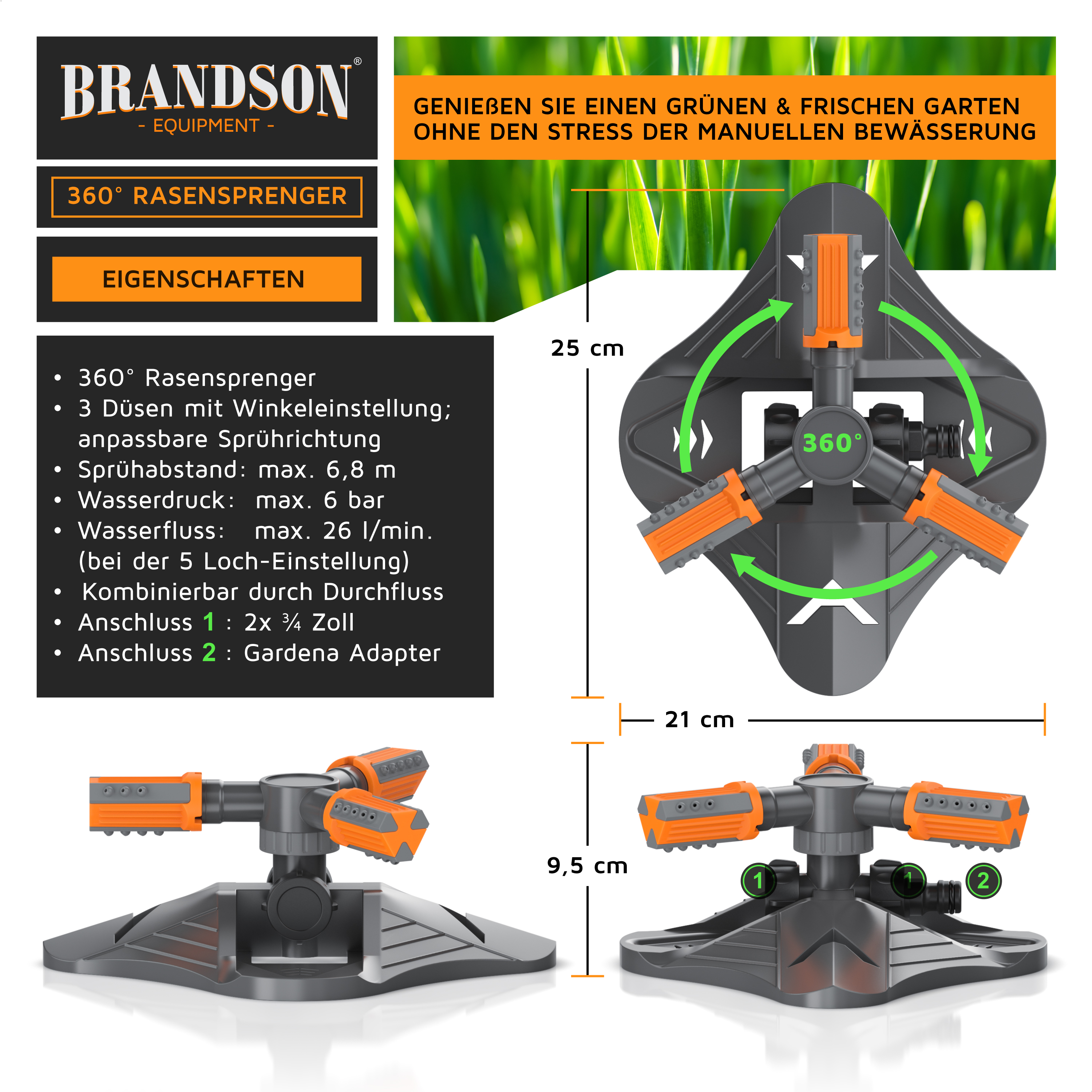 Brandson 360-Grad Rasensprenger mit Maßen, Eigenschaften und Ansichten vor grünem Gras.