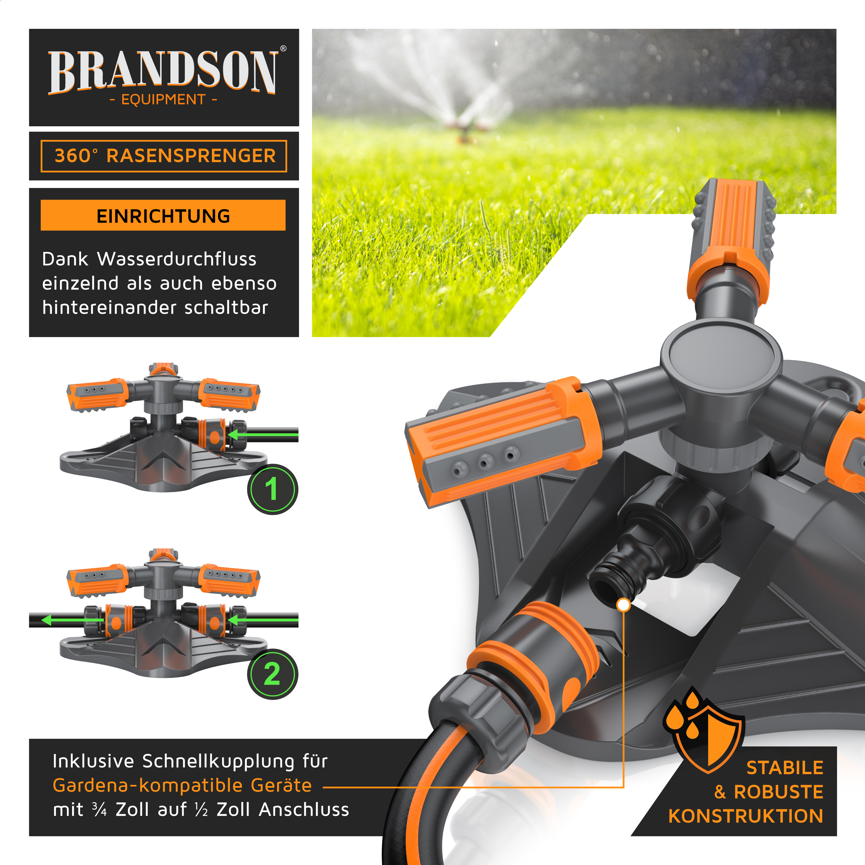 Brandson Rasensprenger mit Schnellkupplung, Gartenbewässerung für Rasen.
