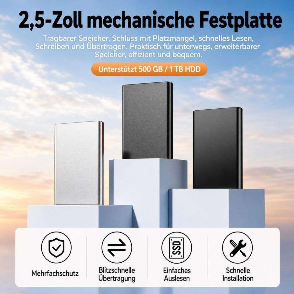 Drei externe Festplatten in Silber und Schwarz auf stufenförmigen Blöcken vor einem Wolkenhimmel.