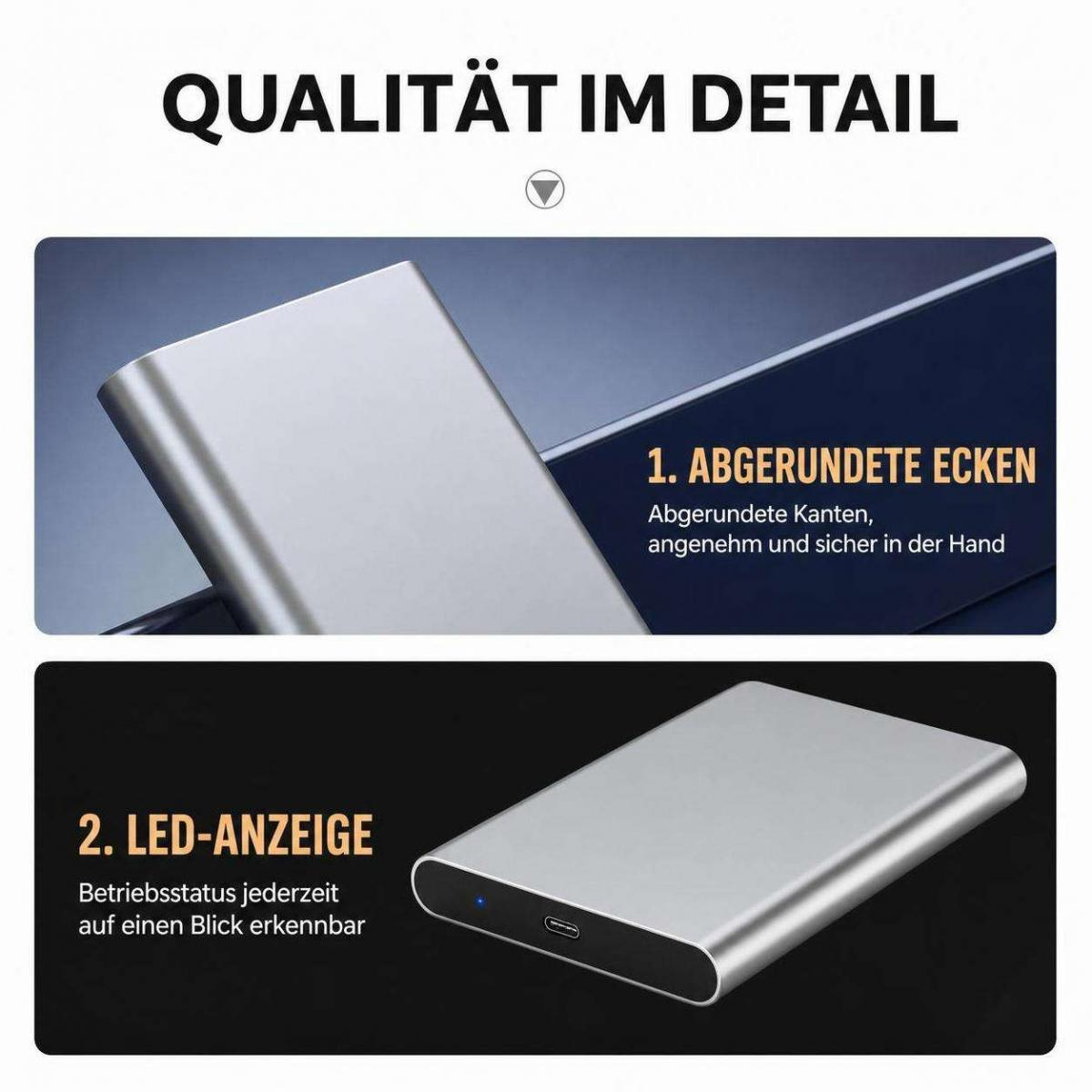 Eine Powerbank mit abgerundeten Kanten und LED-Anzeige.