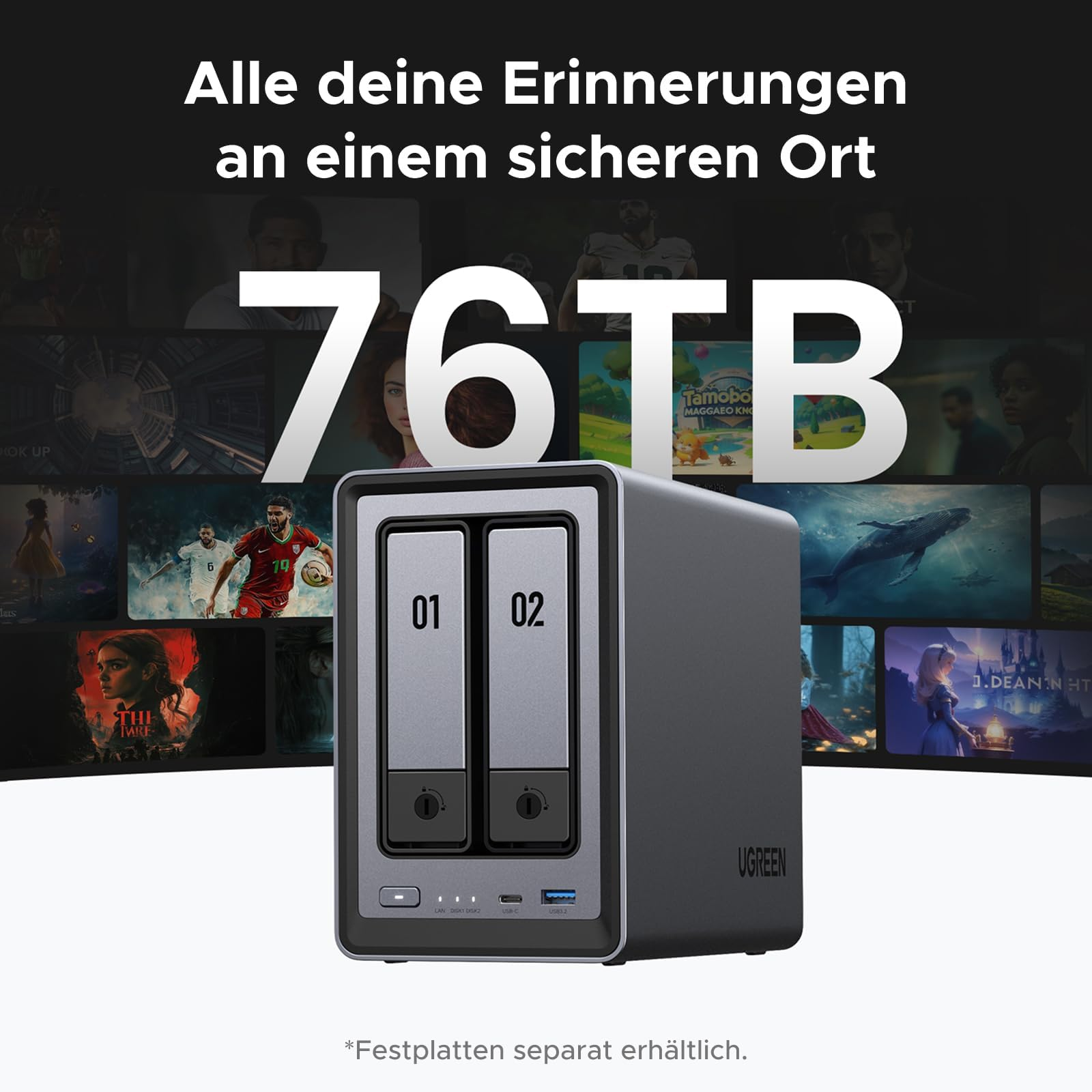 Ein Ugreen NAS-Gerät mit zwei Laufwerksschächten vor einem dunklen Hintergrund mit dem Text 76TB.