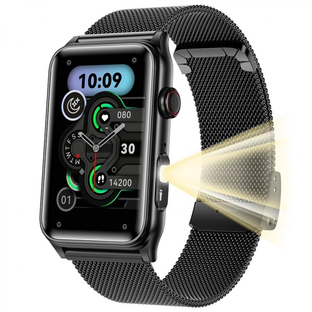 Schwarze Smartwatch mit Metallarmband und einer integrierten Taschenlampe, die Lichtstrahlen wirft.