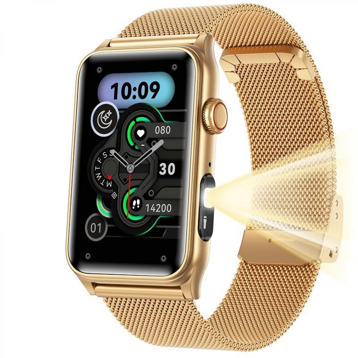 Goldene Smartwatch mit Metallarmband und aktivierter Taschenlampe an der Seite.