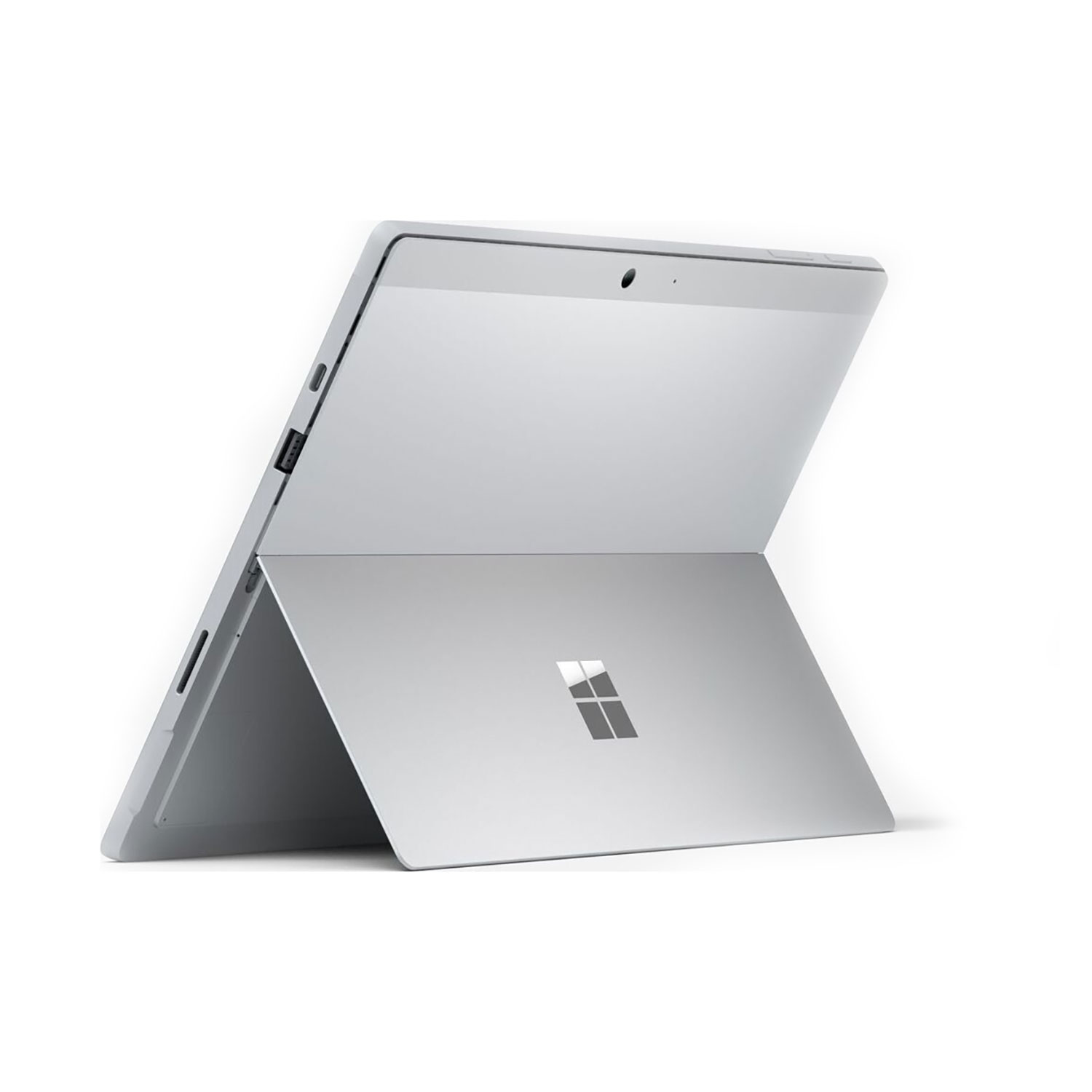Rückansicht eines silbernen Microsoft Surface Tablets mit integriertem Ständer und Windows-Logo auf weißem Hintergrund.