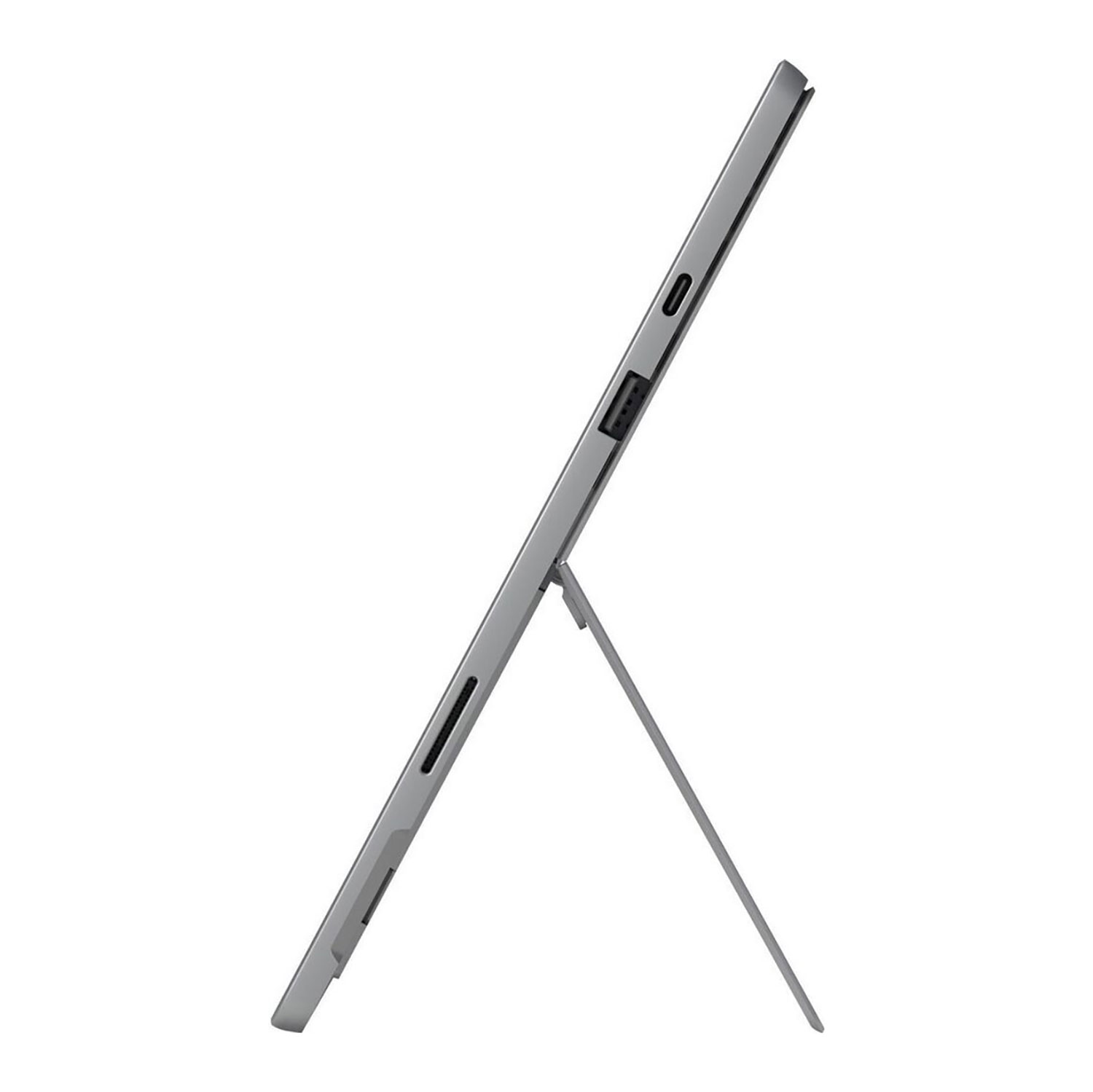 Seitenansicht eines grauen Tablets mit einem ausgeklappten Standfuß und sichtbaren Anschlüssen.