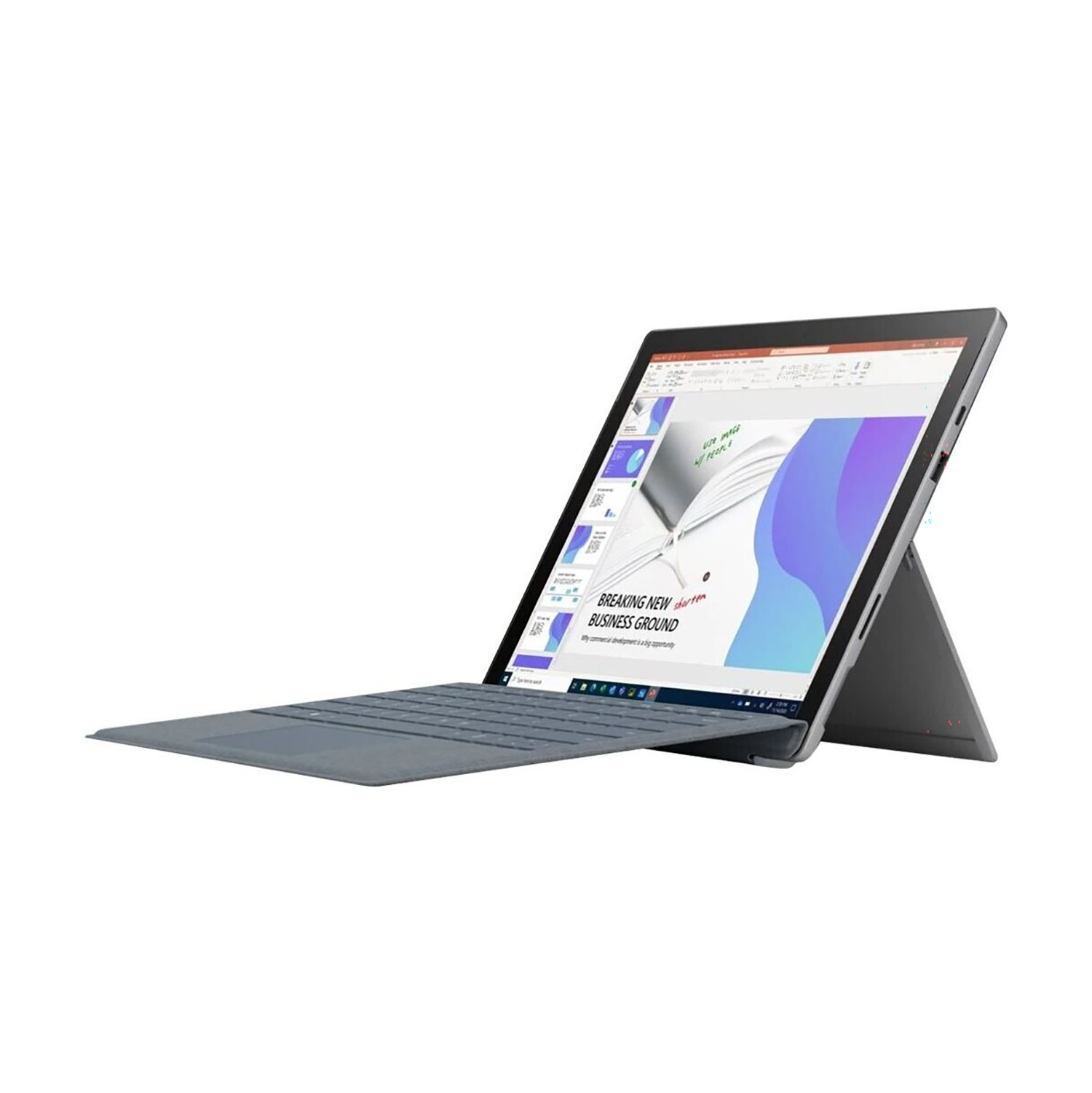 Ein graues Tablet mit angeschlossener Tastatur steht auf weißem Hintergrund und zeigt eine Business-Präsentation.