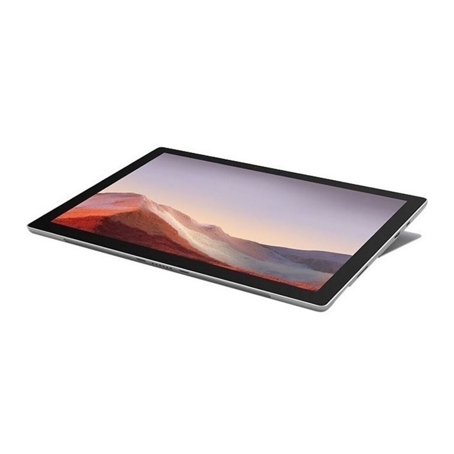Ein silbernes Tablet mit schwarzem Rahmen und bergigem Hintergrundbild liegt flach auf einer weißen Oberfläche.