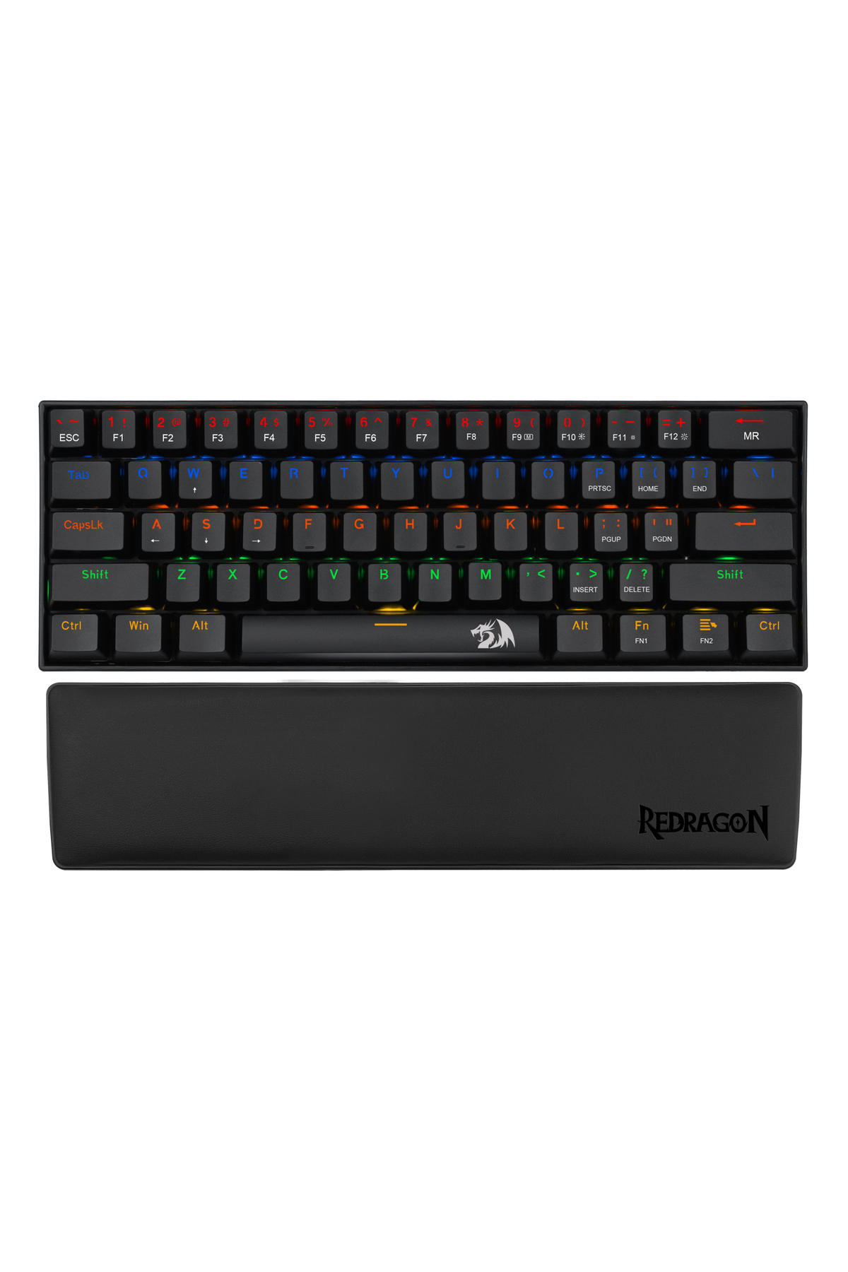 Un teclado mecánico negro con retroiluminación RGB vibrante y un reposamuñecas a juego debajo.
