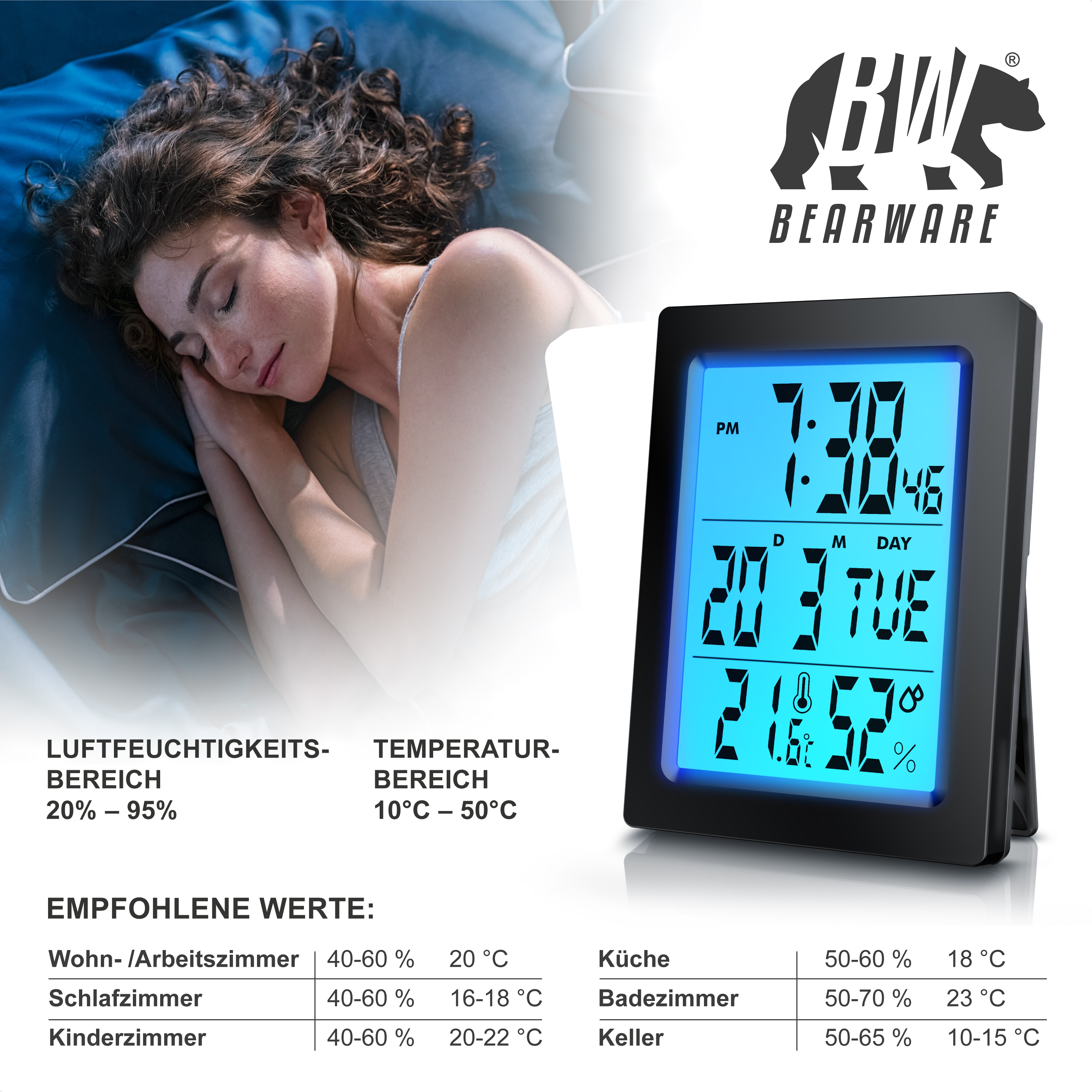 Eine Frau schläft friedlich neben einem digitalen Wecker mit blauem Display und Temperaturanzeige.