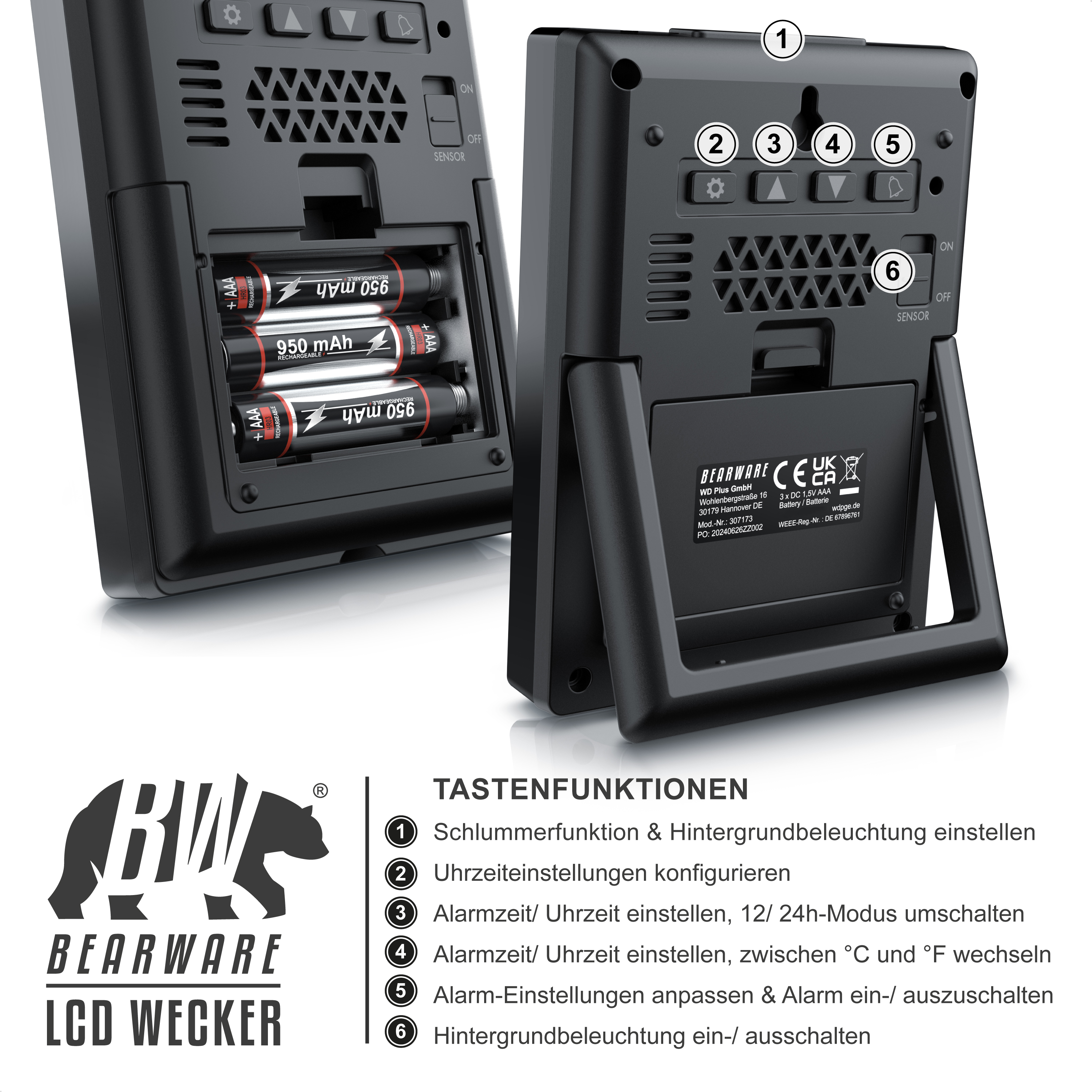 Rückseite eines Bearware LCD-Weckers mit Batterie-Fach und nummerierten Tastenfunktionen.