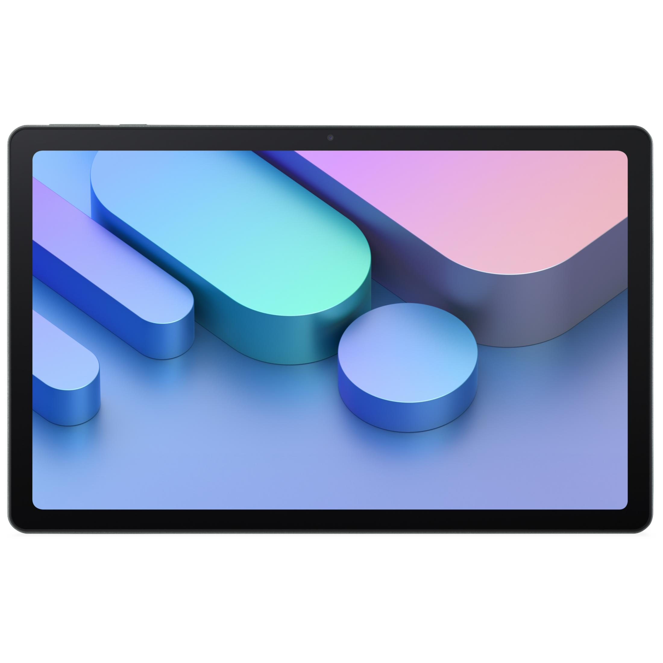 Ein Tablet mit einem bunten abstrakten 3D-Hintergrund in Blau- und Pastelltönen.