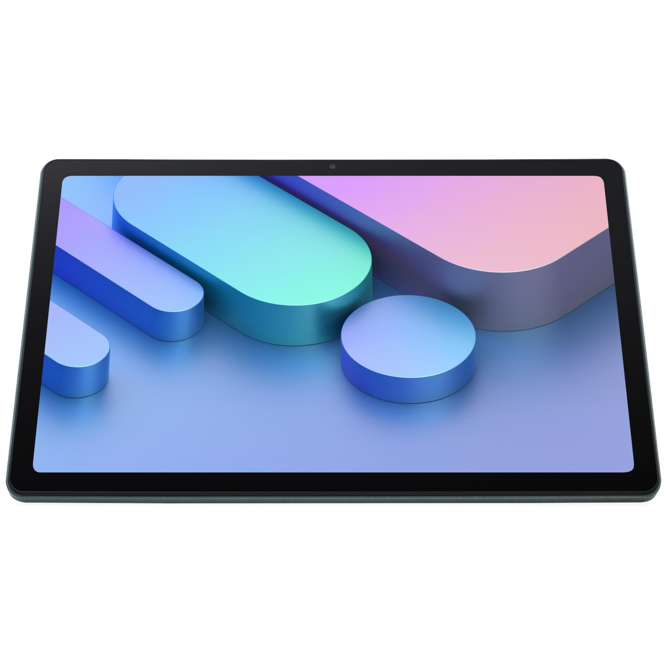 Ein Tablet mit schwarzem Rahmen zeigt ein abstraktes 3D-Hintergrundbild mit bunten geometrischen Formen.
