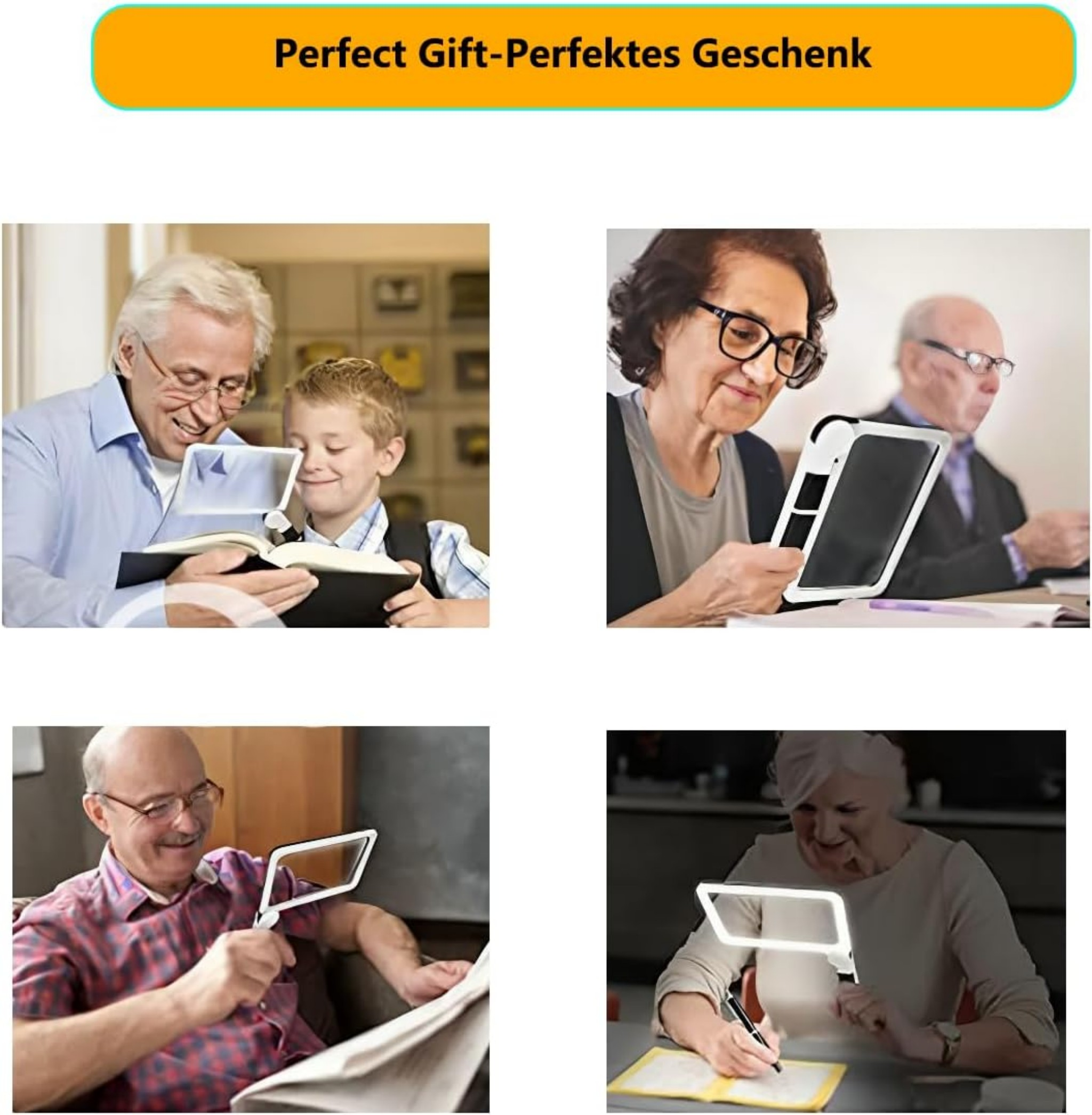 Vier Bilder zeigen Menschen unterschiedlichen Alters, die rechteckige Lupen mit Lichtern zum Lesen und Schreiben nutzen.