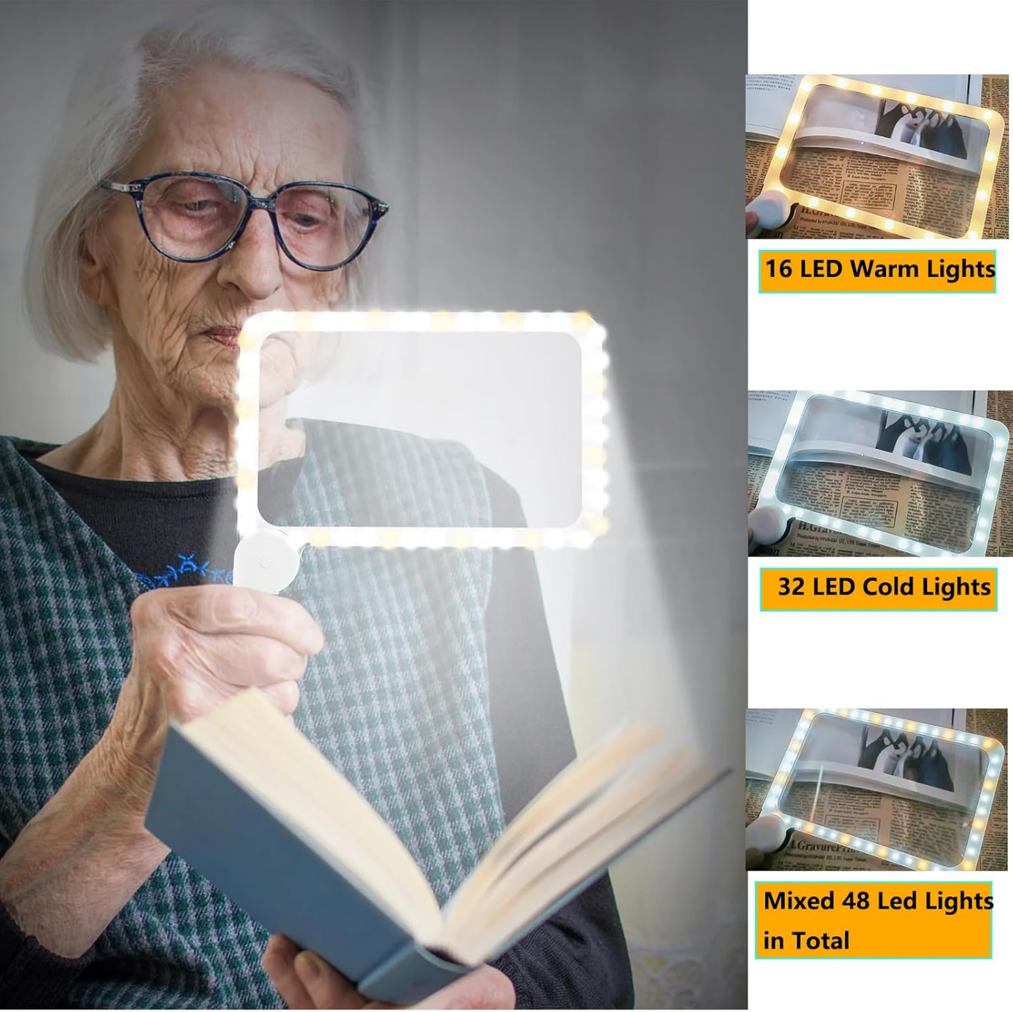 Eine ältere Frau liest ein Buch mit einer beleuchteten LED-Lupe.
