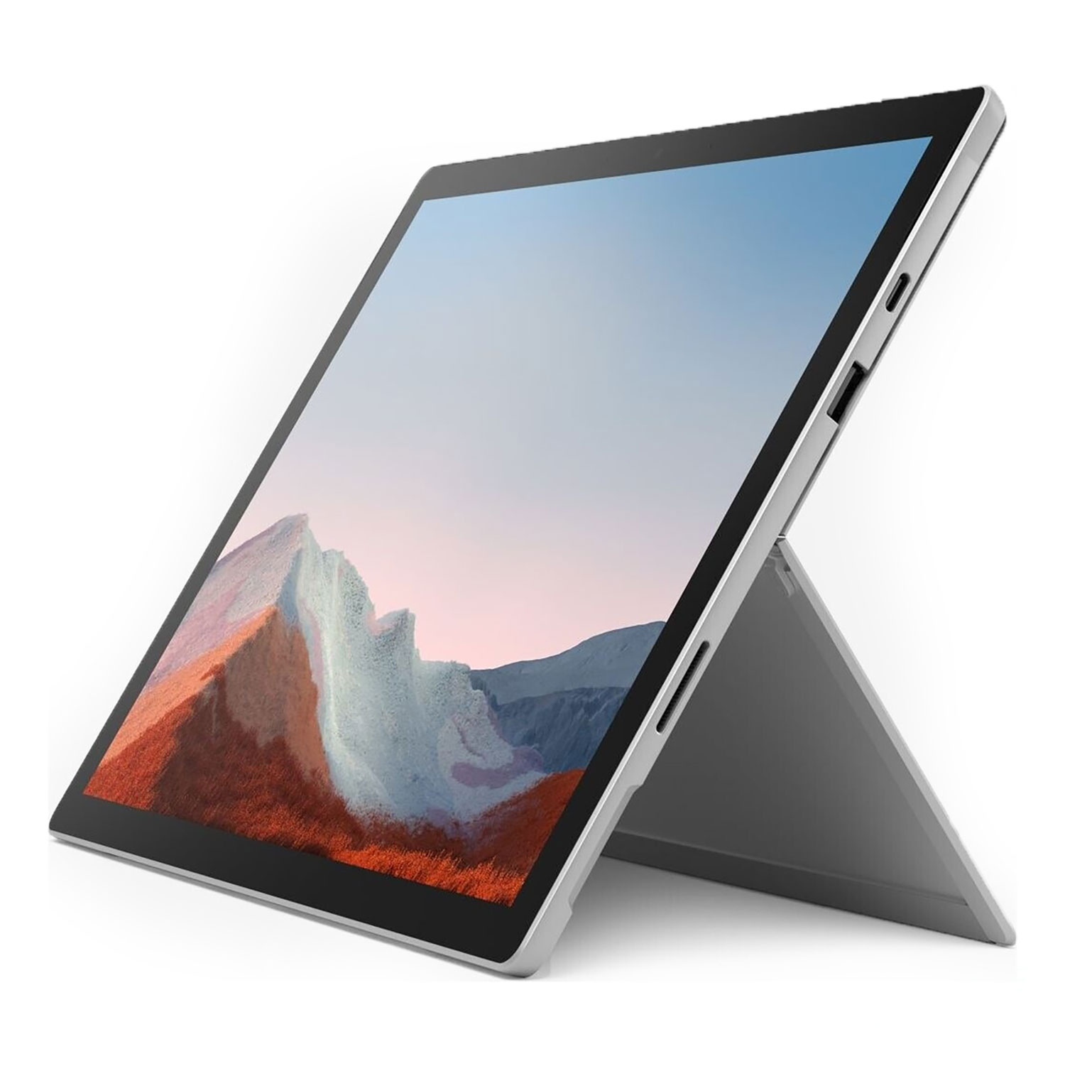Ein silbernes Tablet mit integriertem Ständer zeigt ein Landschaftsbild auf dem Bildschirm.