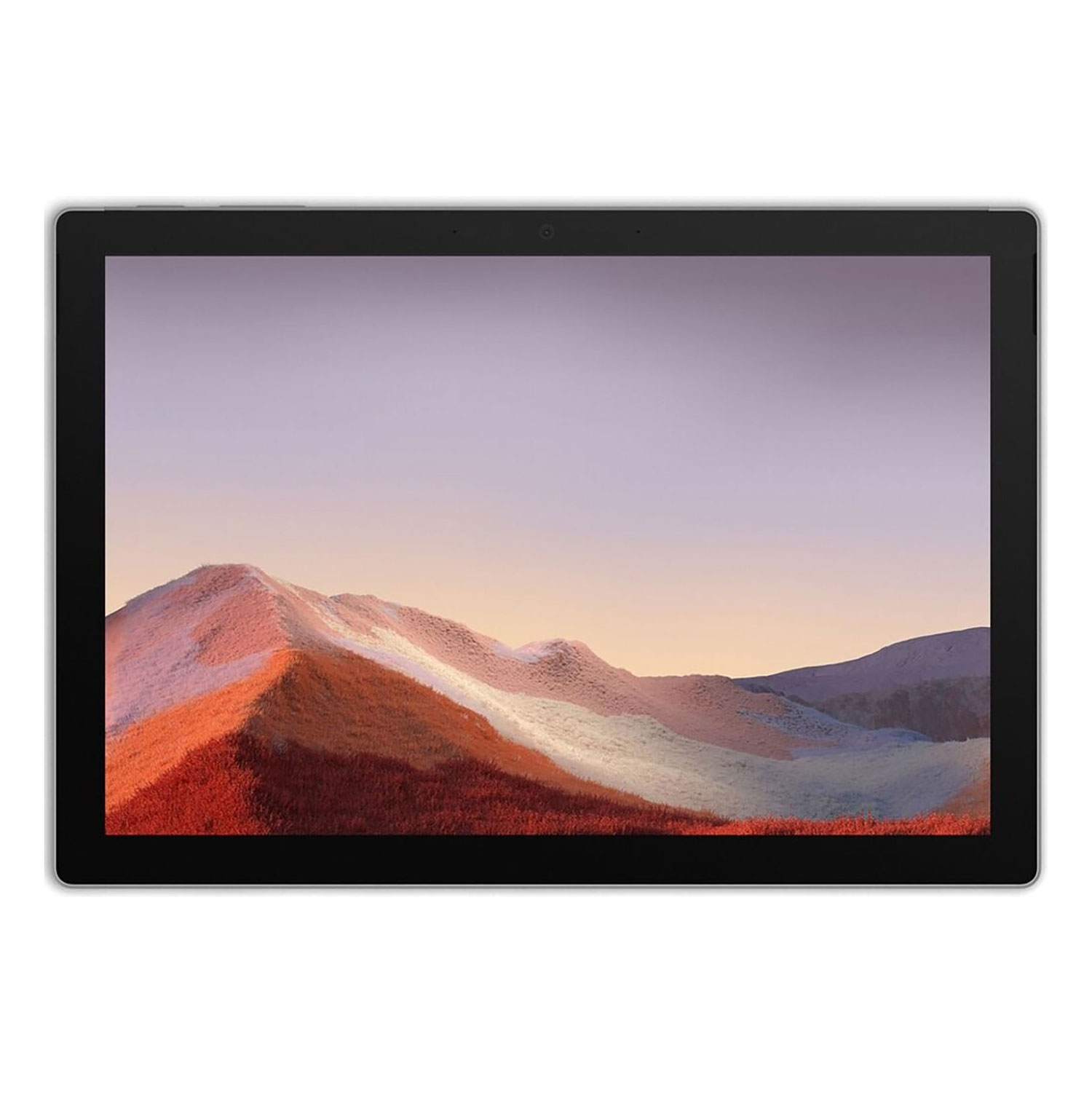 Ein schwarzes Tablet zeigt ein Hintergrundbild mit orangefarbenen und lila Bergen bei Sonnenuntergang.