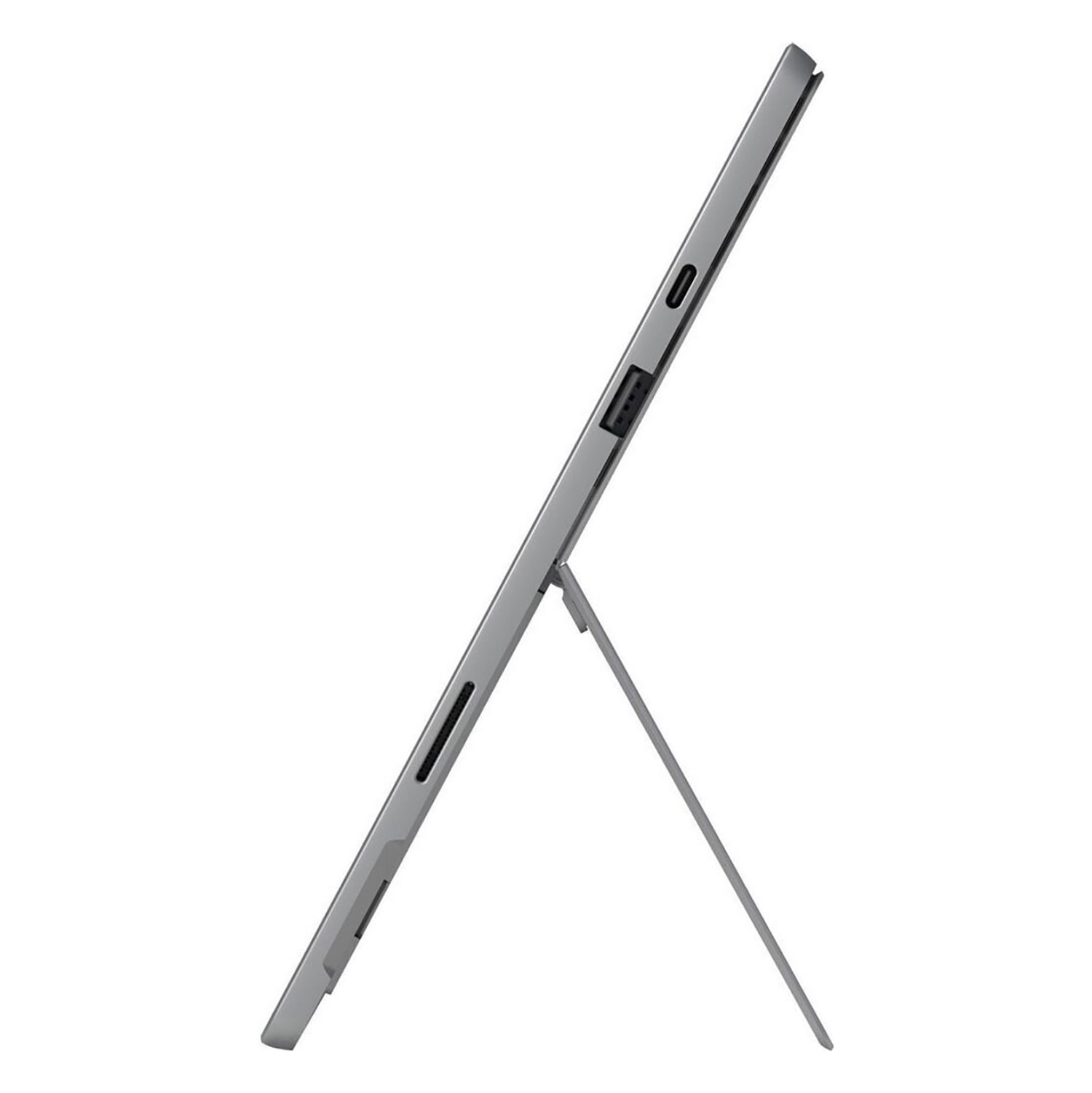 Seitenansicht eines grauen Tablets mit Ständer und Anschlüssen auf weißem Hintergrund.