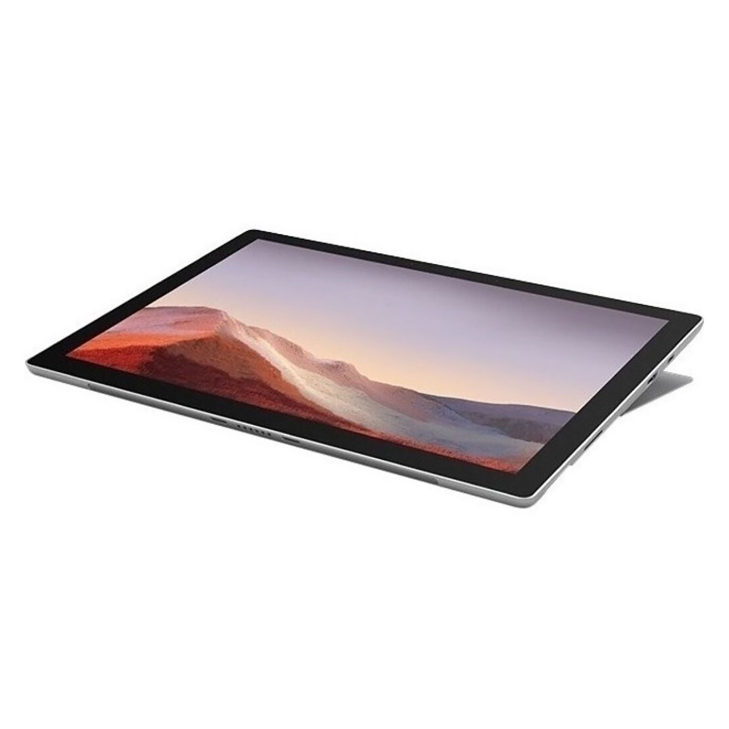 Ein silbernes Tablet mit schwarzem Rahmen und Berglandschaft auf dem Display.