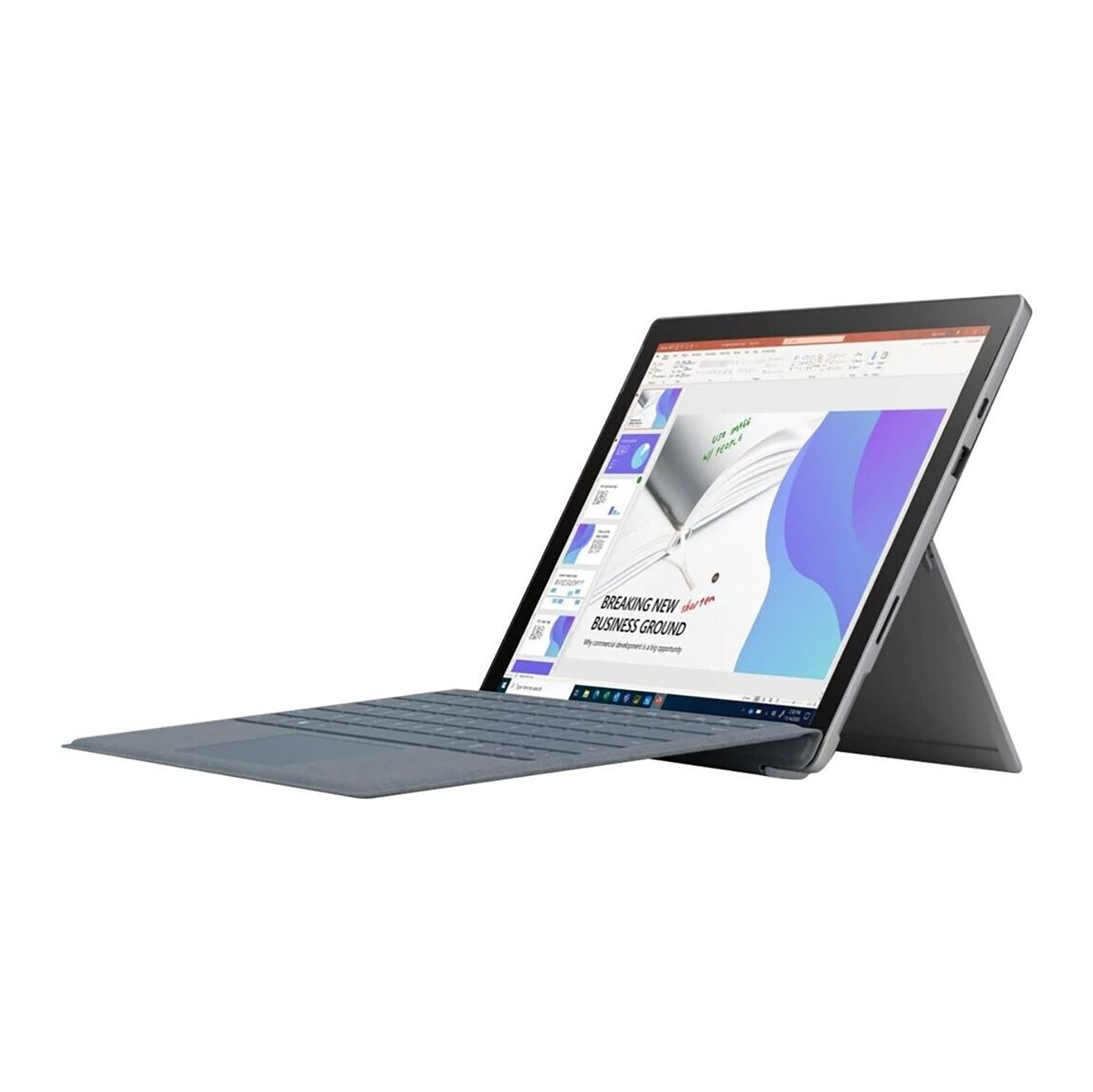 Ein graues Tablet mit angeschlossener Tastatur und Ständer zeigt eine Präsentation auf dem Bildschirm.