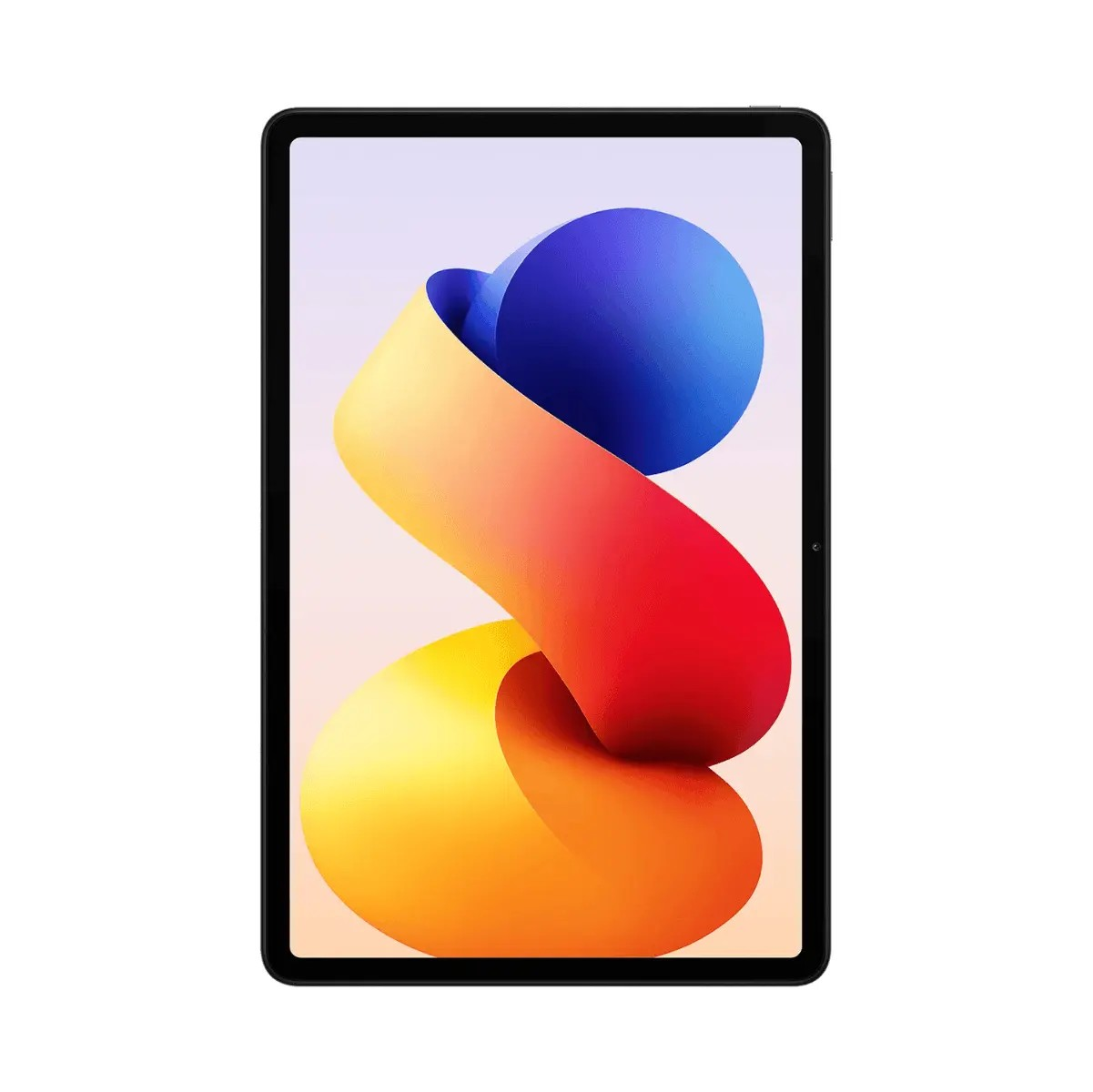 Un tablet nero mostra sul suo schermo una grafica astratta di curve blu, rosse e gialle.