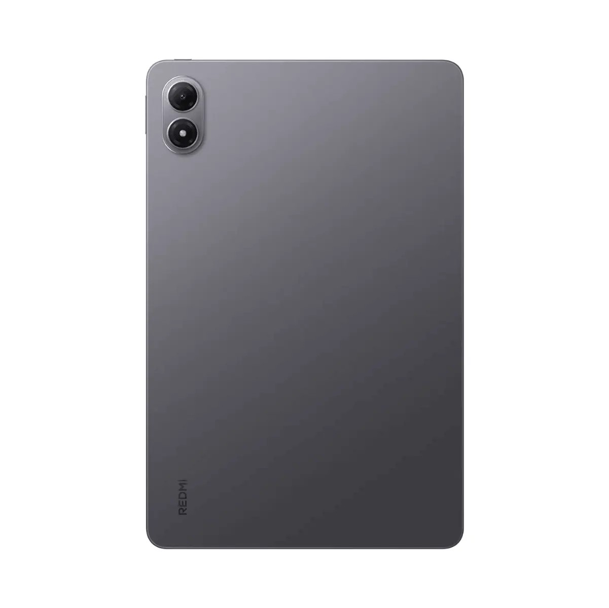 Retro di un tablet Redmi grigio con doppia fotocamera verticale in alto a sinistra e logo in basso.