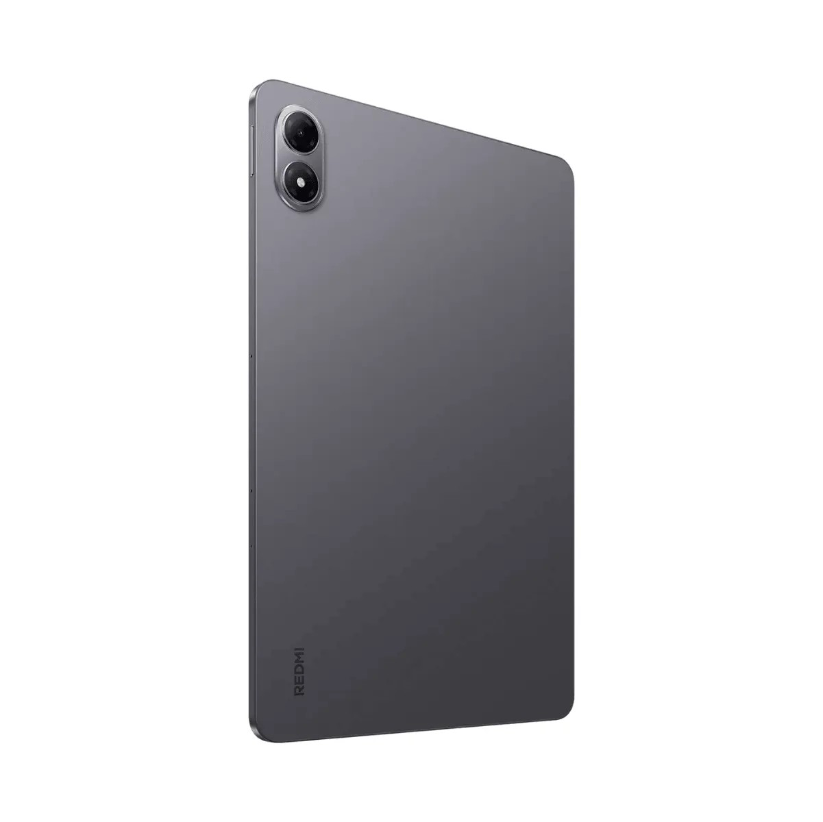 Tablet Redmi grigio visto da dietro, con due fotocamere nell'angolo e il logo Redmi in basso a sinistra.
