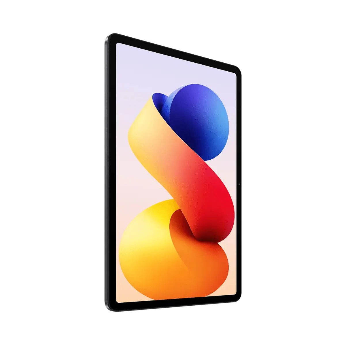 Un tablet nero inclinato a sinistra mostra un vivace sfondo astratto con forme curve blu, rosse e gialle.
