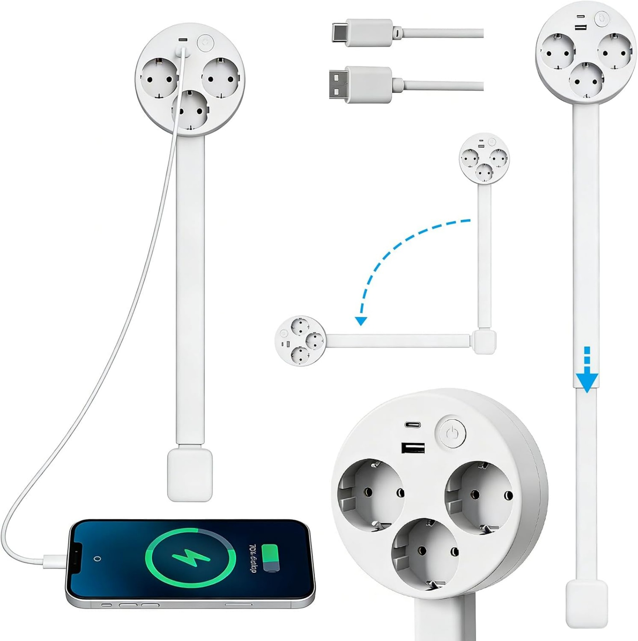 Weisse drehbare Steckdosenleiste mit drei Steckdosen, USB-Anschlüssen, lädt ein Handy und zeigt Höhenverstellungen.