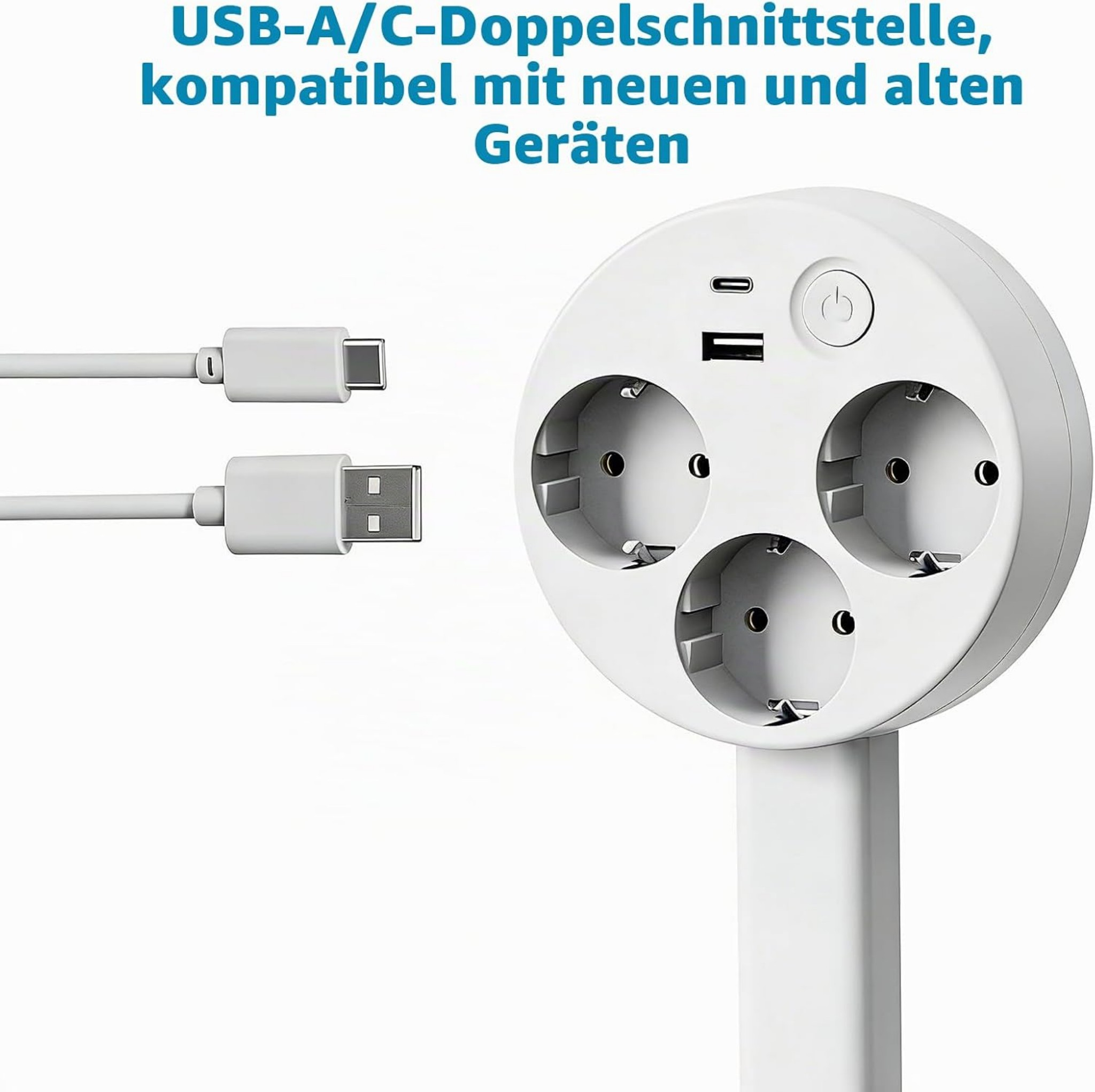 Weiße Steckdosenleiste mit drei Steckdosen, USB-A- und USB-C-Anschlüssen sowie zwei Kabeln.