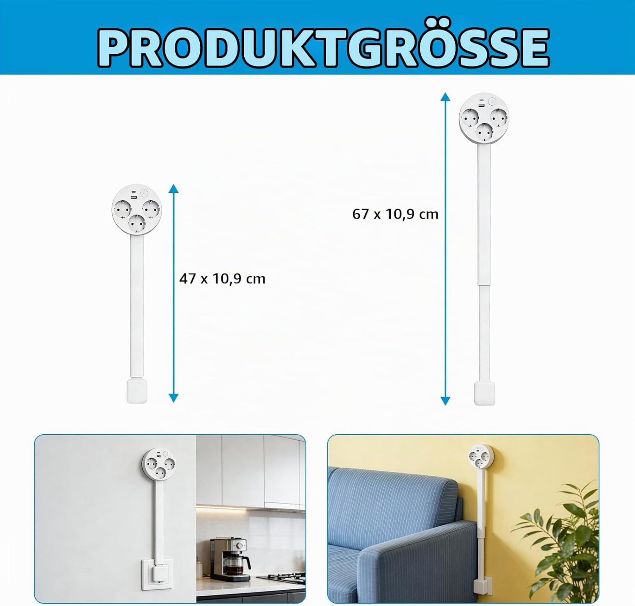 Produktgrößen zeigen zwei weiße Mehrfachsteckdosen mit Kabelführung, 47x10,9 cm und 67x10,9 cm, in Wohn- und Küche.