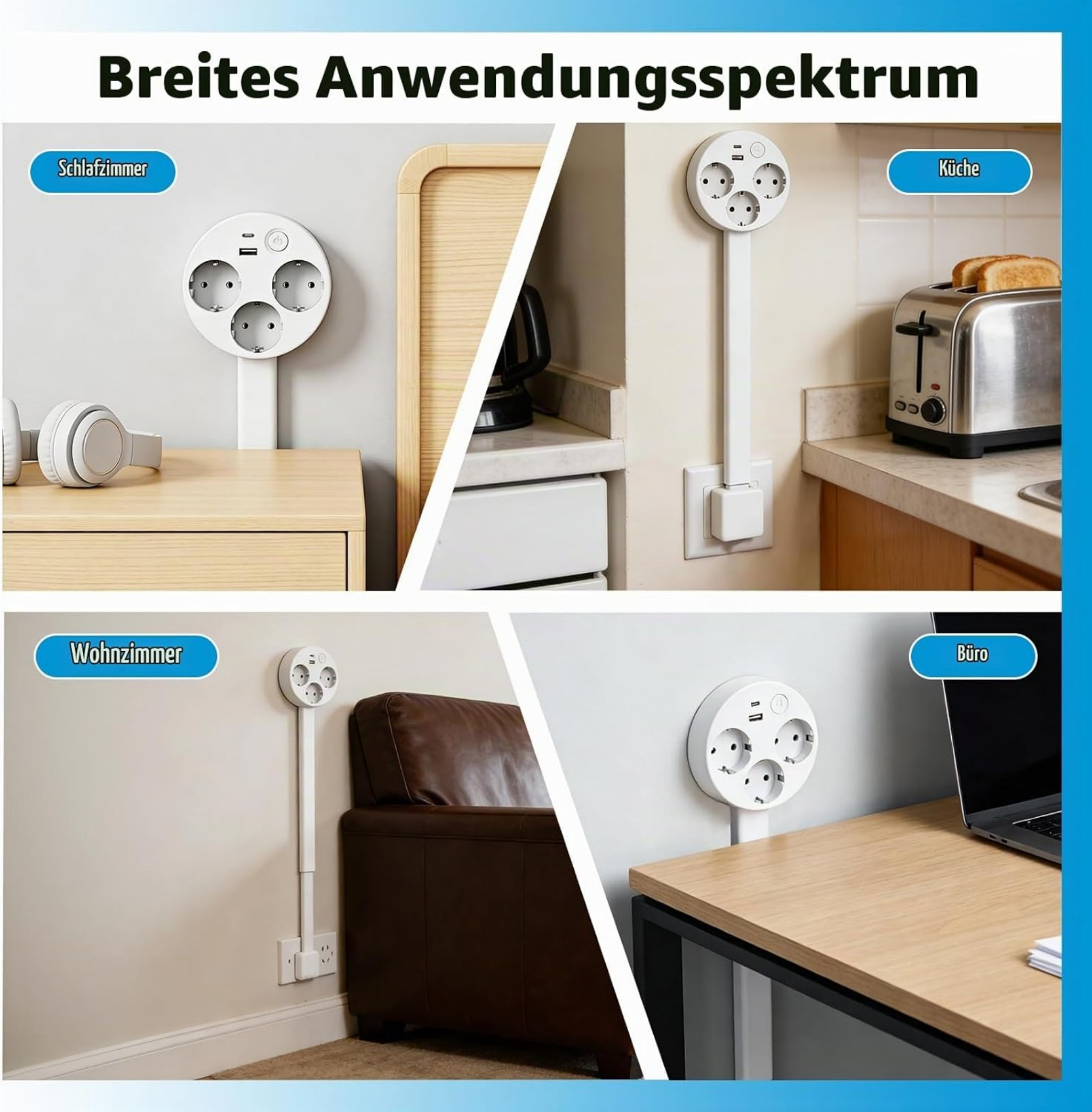 Vier Bilder zeigen runde weiße Steckdosenleisten in Schlafzimmer, Küche, Wohnzimmer und Büro.