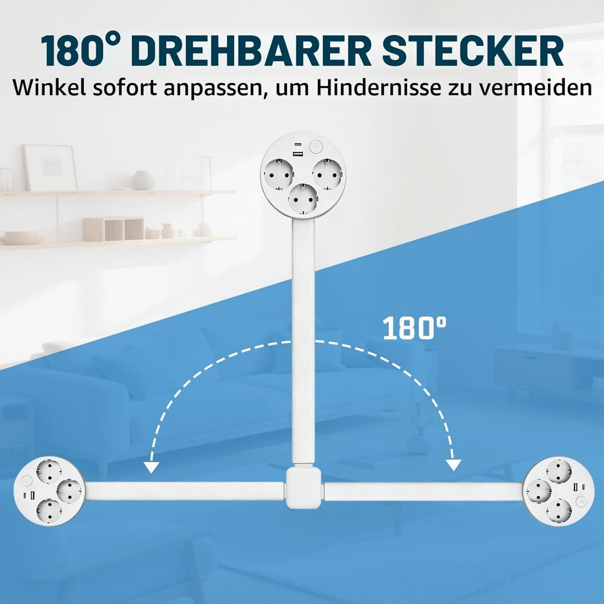Eine weiße Steckdosenleiste mit 180 Grad drehbarem Kopf vor einem Wohnzimmer.