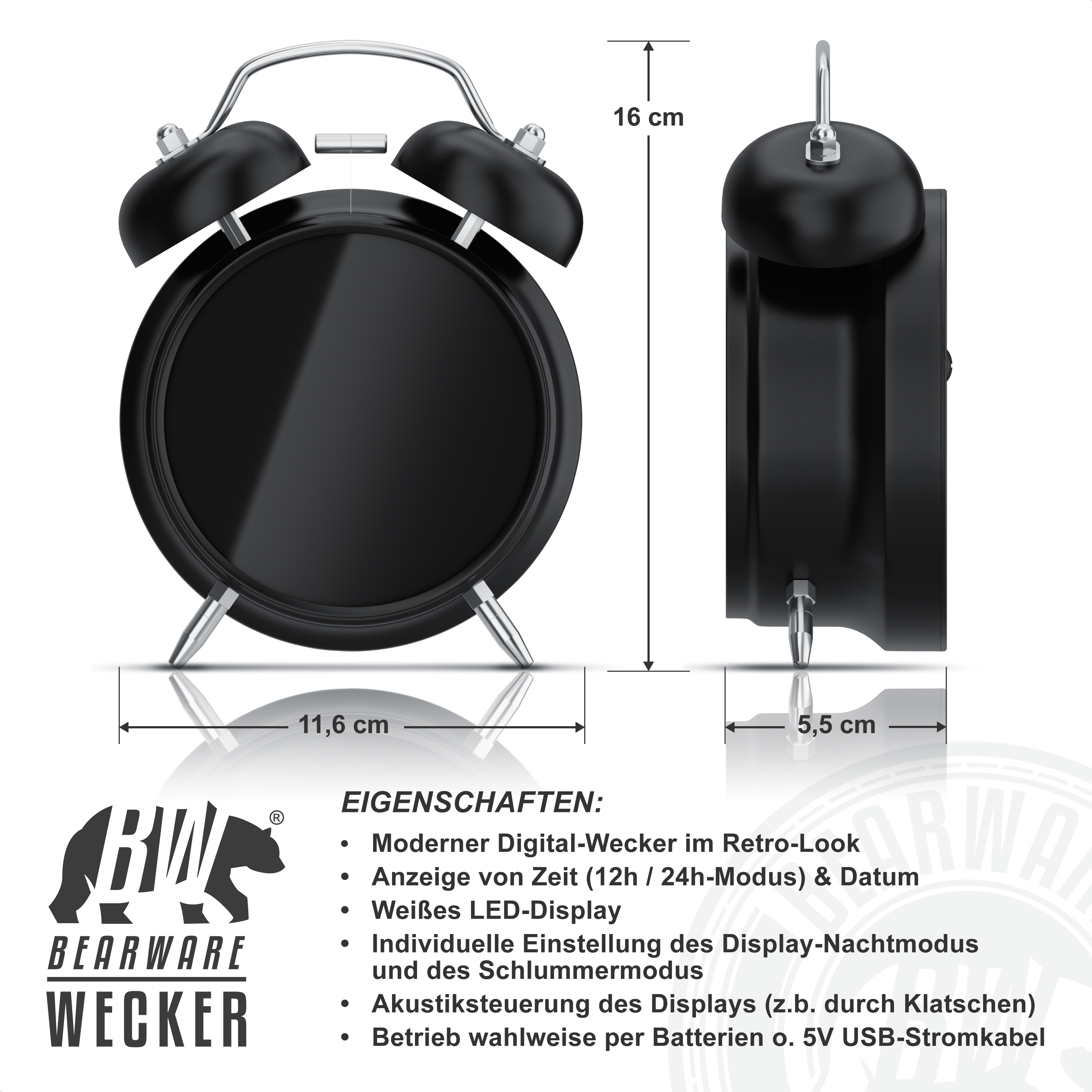 Schwarzer Retro-Digitalwecker mit Abmessungen, LED-Display und Bärenlogo mit Text.