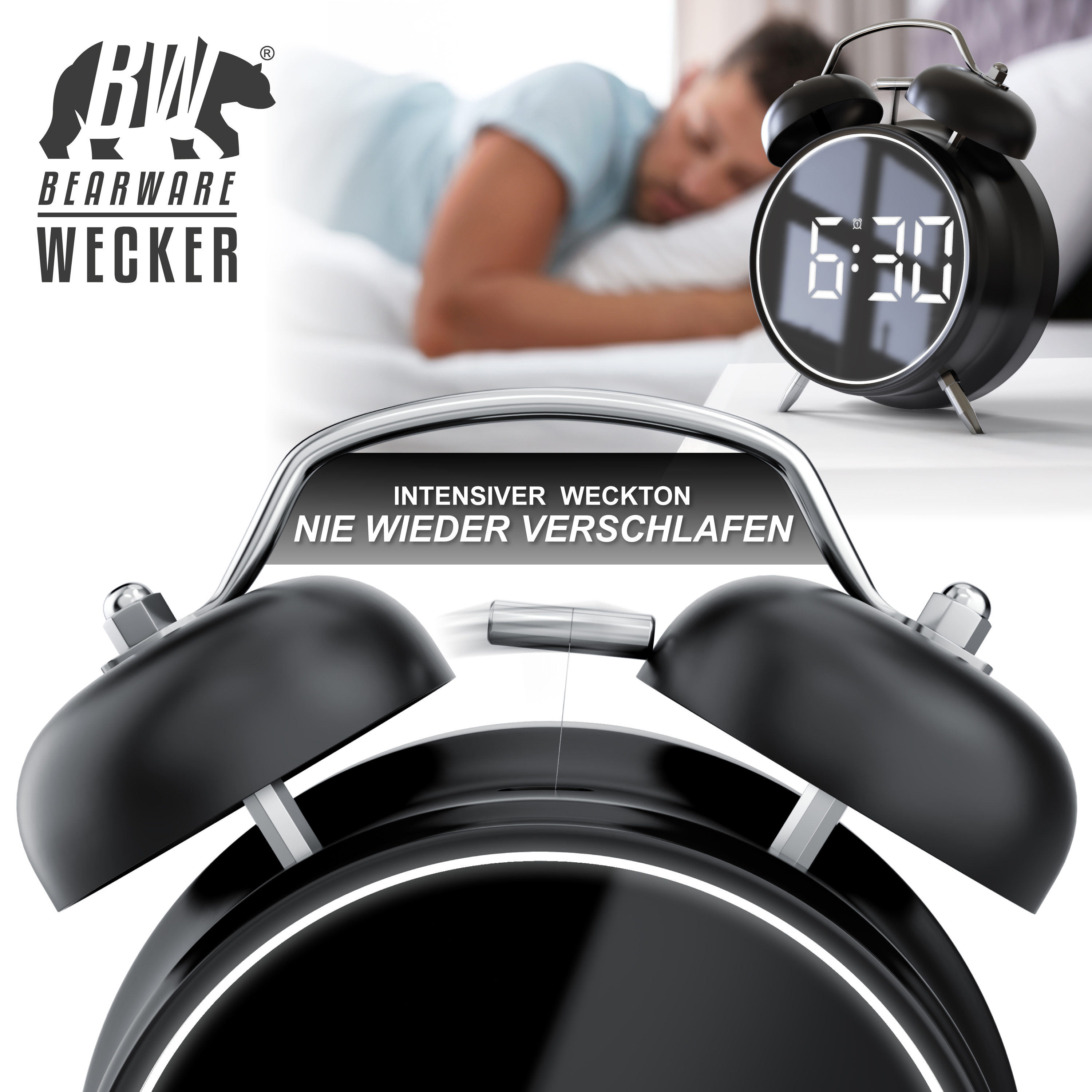 Ein schwarzer Doppelglocken-Wecker klingelt im Vordergrund, mit einem schlafenden Mann im unscharfen Hintergrund.