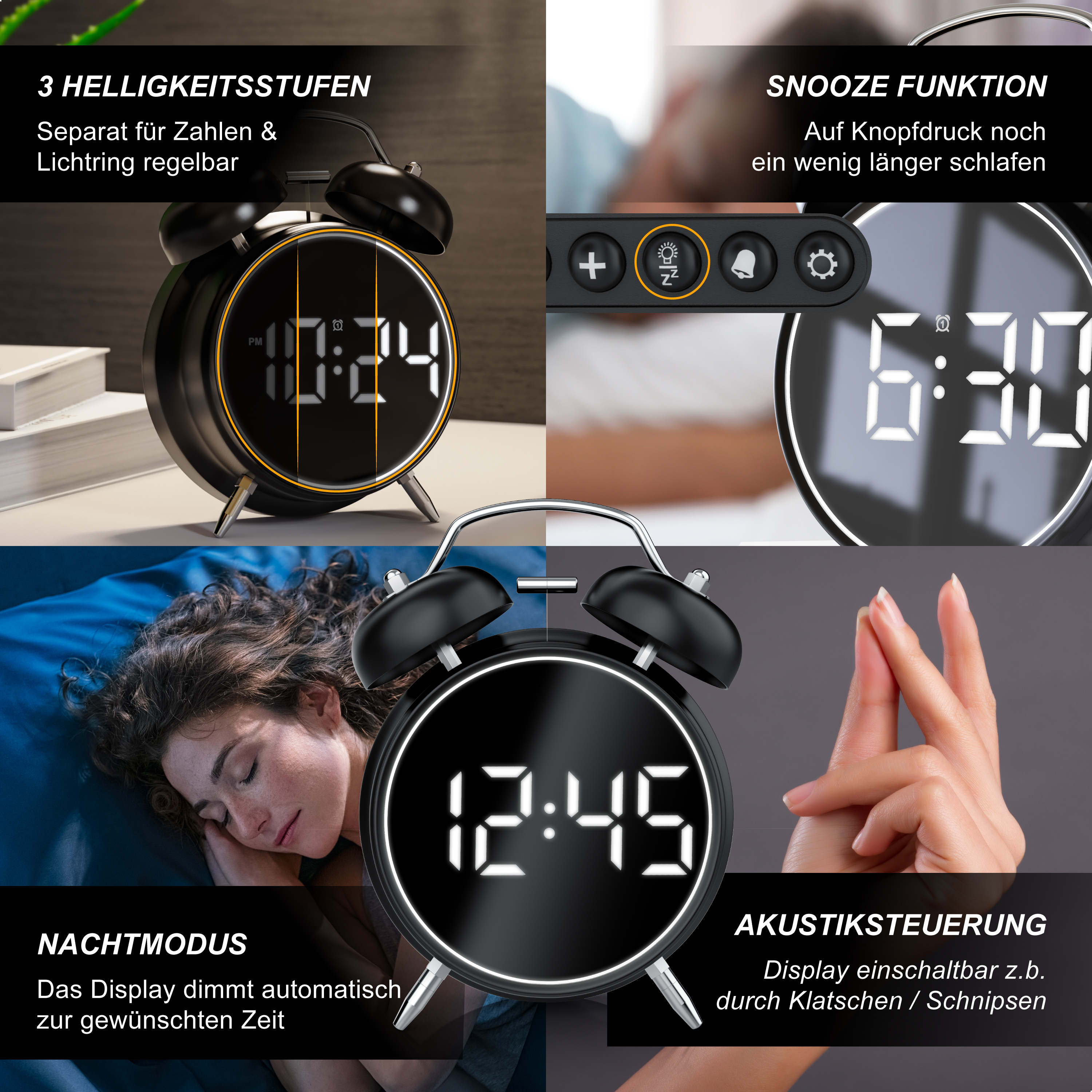 Vier Bilder zeigen Funktionen eines digitalen Weckers: Helligkeit, Snooze, Nachtmodus und akustische Steuerung.