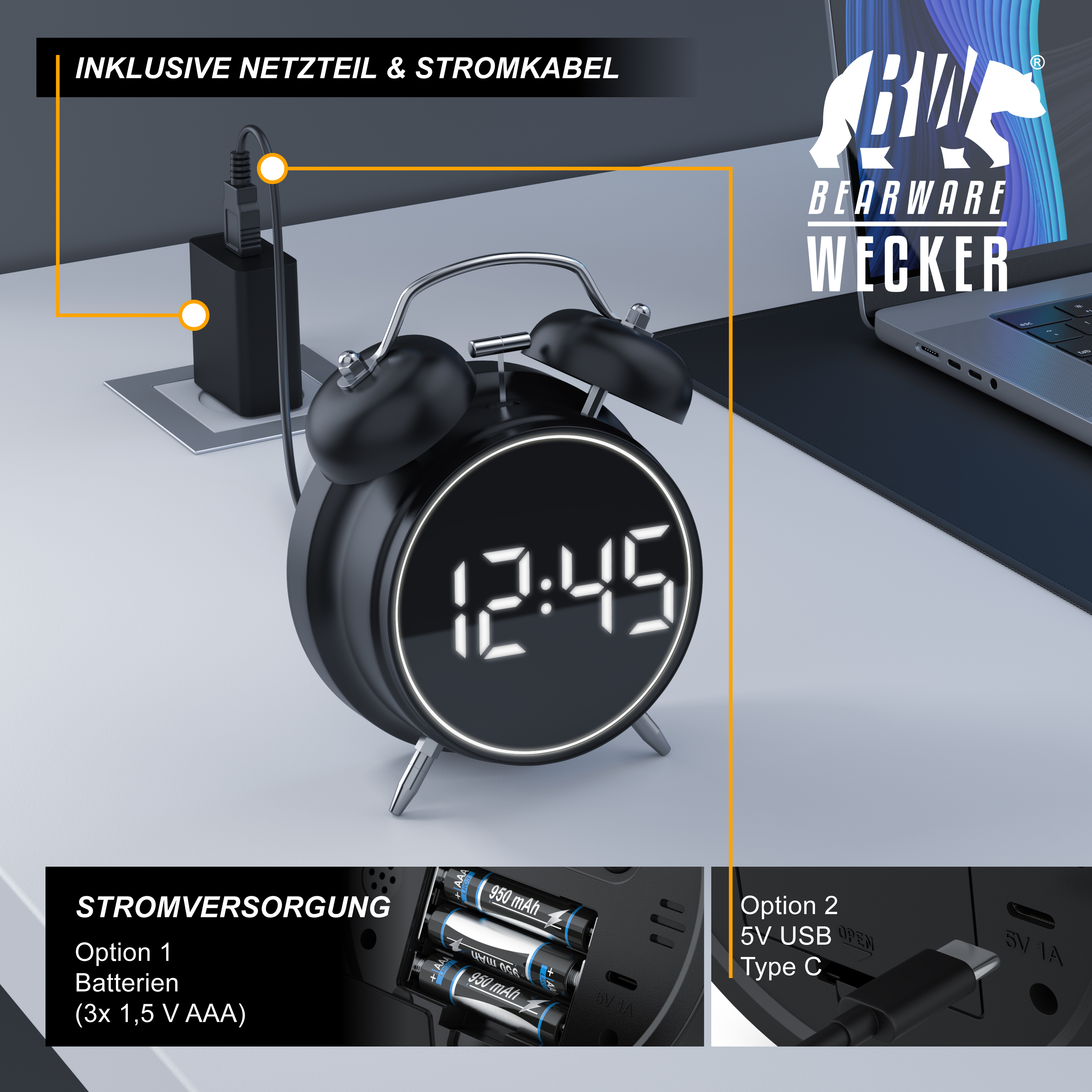 Ein schwarzer digitaler Wecker auf einem Schreibtisch mit zwei Stromoptionen: AAA-Batterien und USB-C-Kabel.