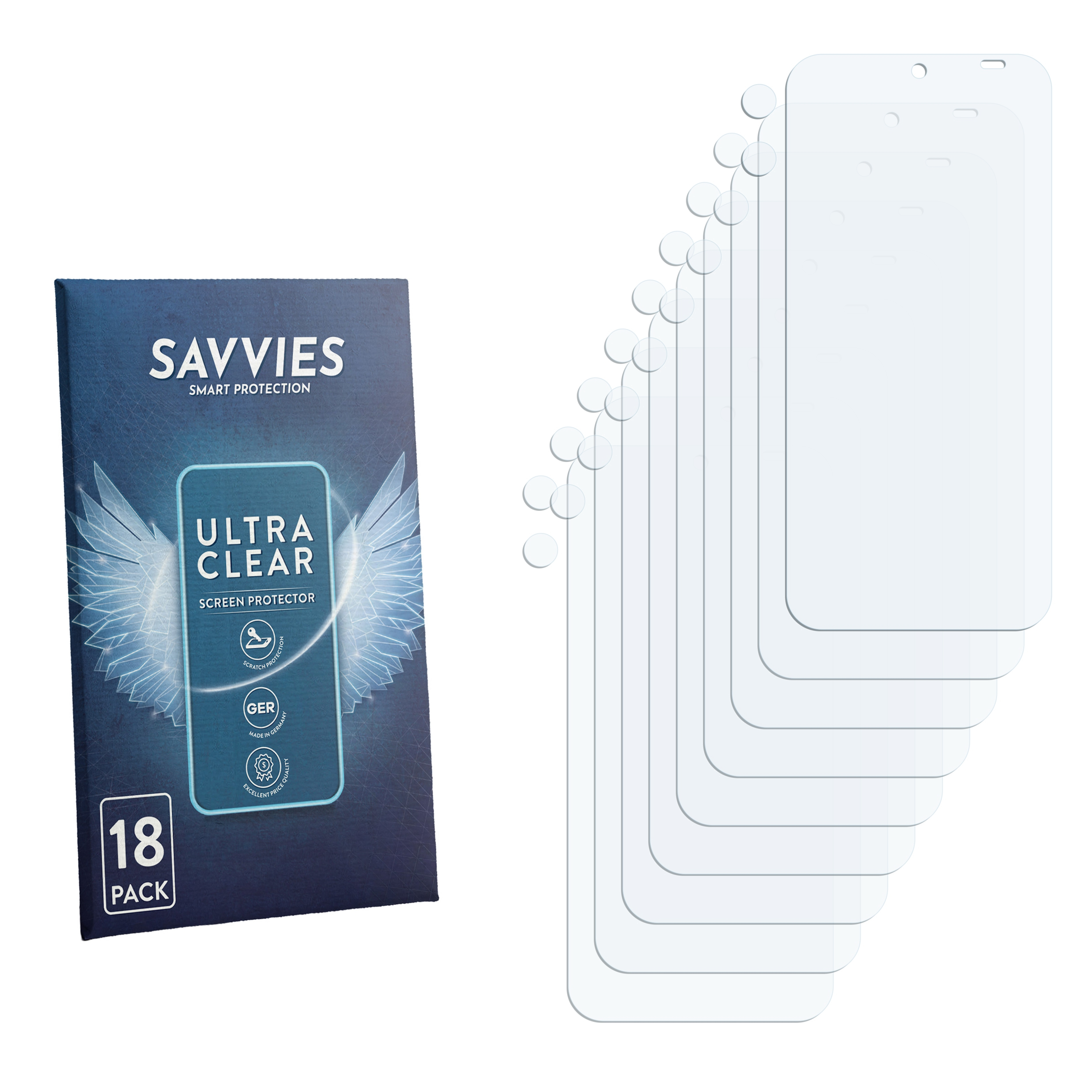 Savvies Ultra Clear Displayschutzfolie 18er-Pack mit Verpackung.