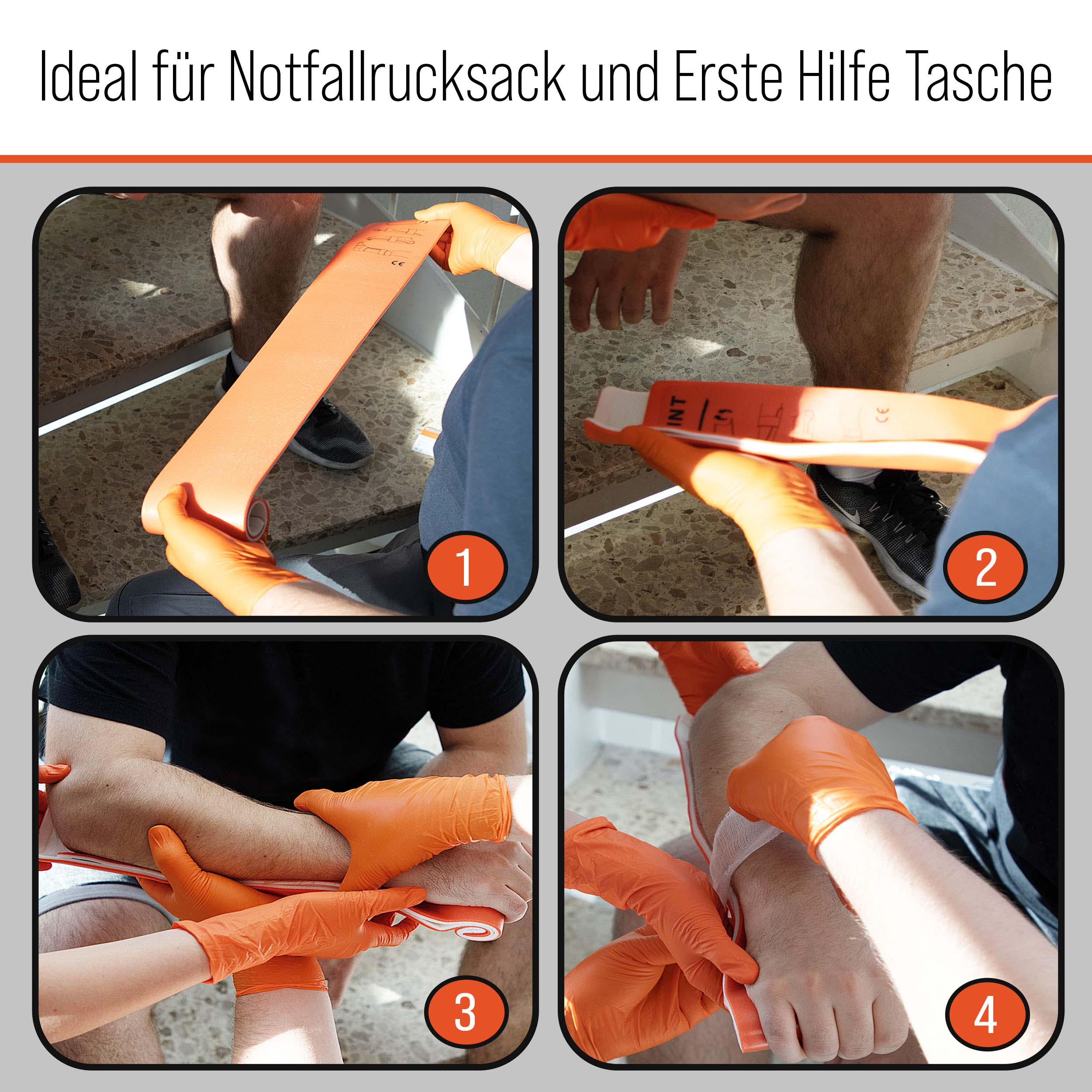 Vier Bilder zeigen die Anwendung einer orangefarbenen medizinischen Schiene am Arm.