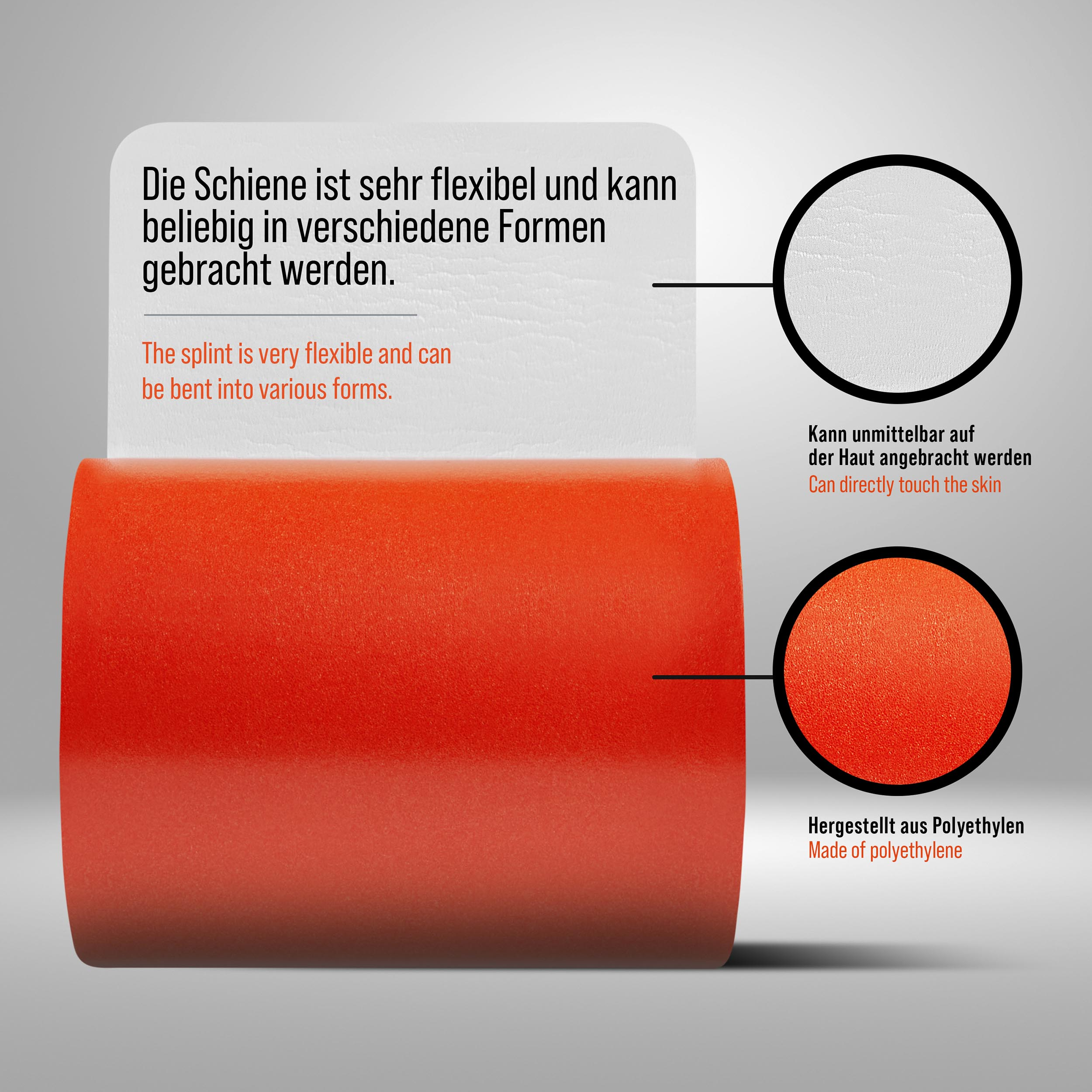 Eine flexible, orangefarbene Kunststoffschiene mit Text in deutscher und englischer Sprache und Detailansichten.