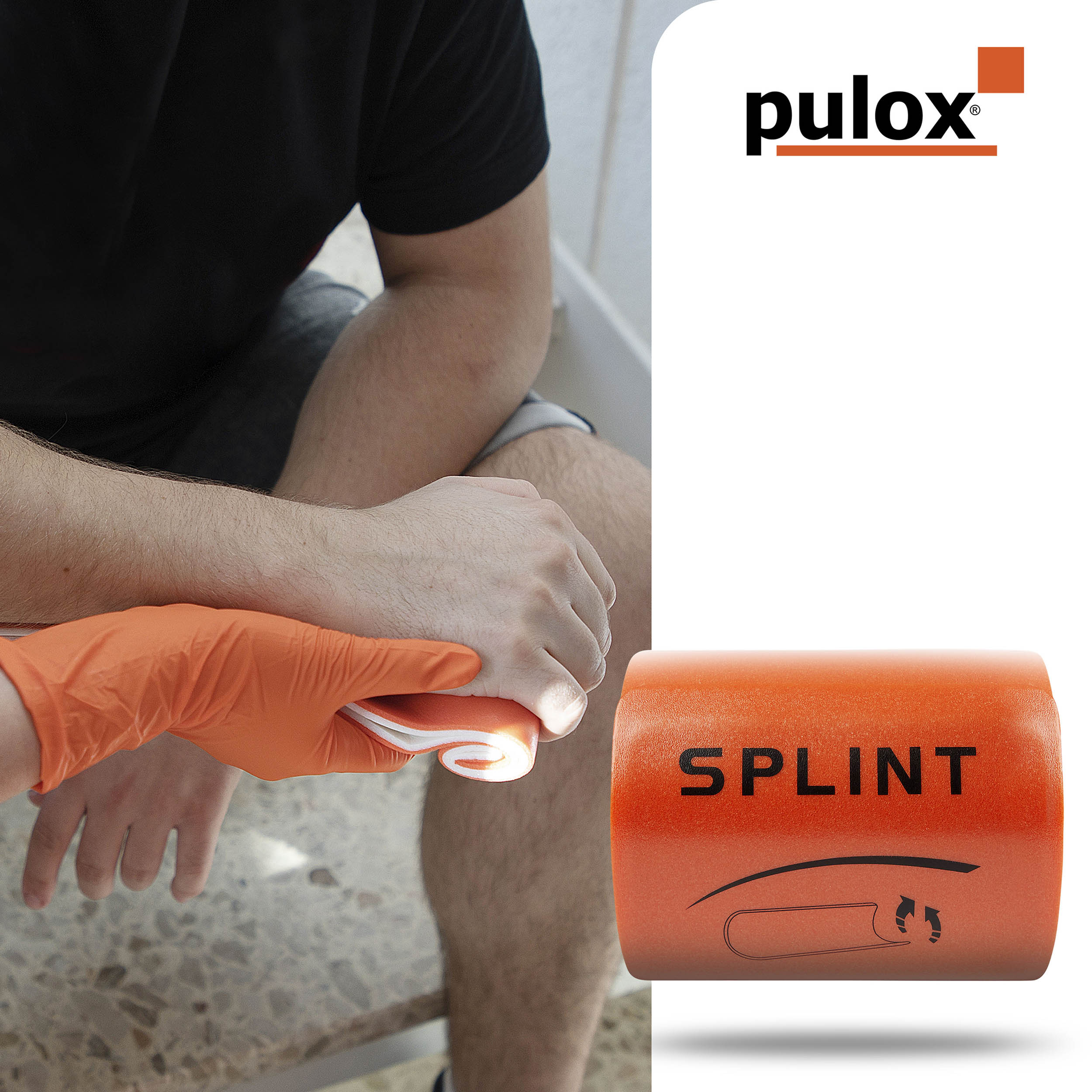 Eine Person mit orangefarbenen Handschuhen legt eine orange Schiene an, darüber das Pulox-Logo.