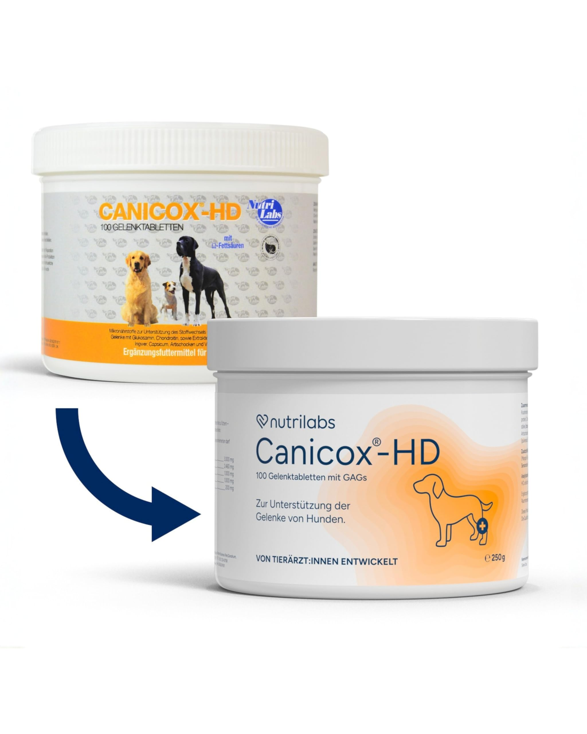 Zwei weiße Dosen Canicox-HD Gelenktabletten für Hunde mit einem blauen Pfeil dazwischen.