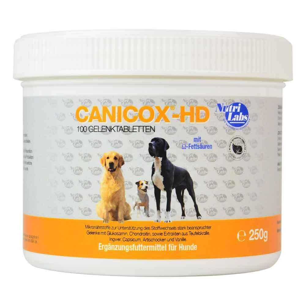 Weiße Dose Canicox-HD Gelenktabletten für Hunde mit Bildern von drei Hunden.