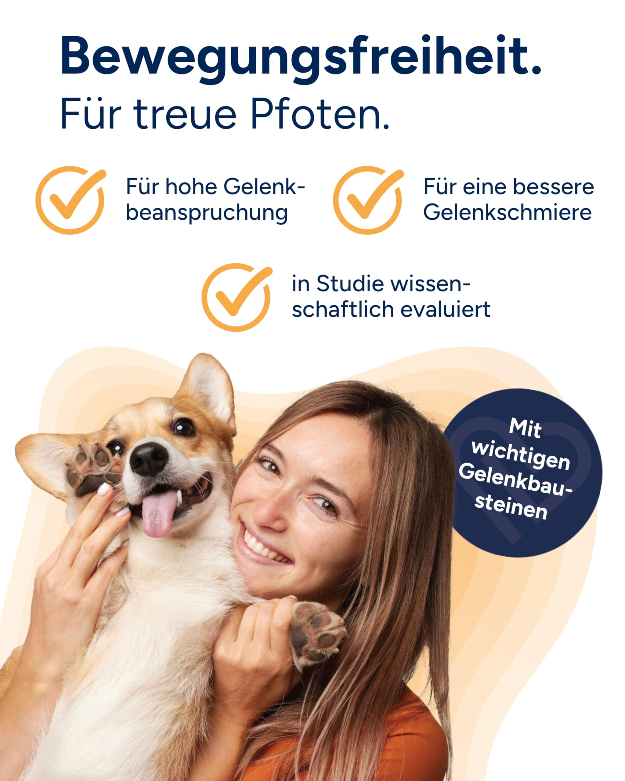 Eine lächelnde Frau hält einen glücklichen Corgi im Arm, umgeben von Werbetexten über Gelenkgesundheit.
